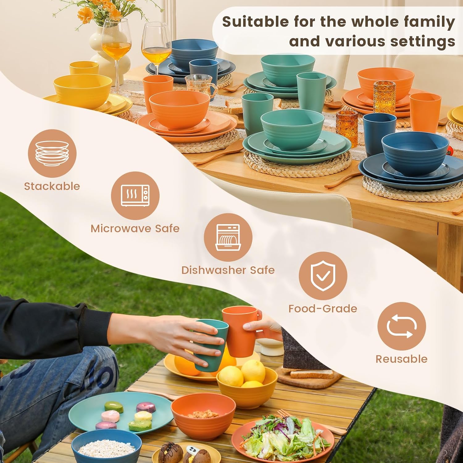 Detalle 2 de Homienly 40-Piece Premium Wheat Straw Dinnerware Set for 8
