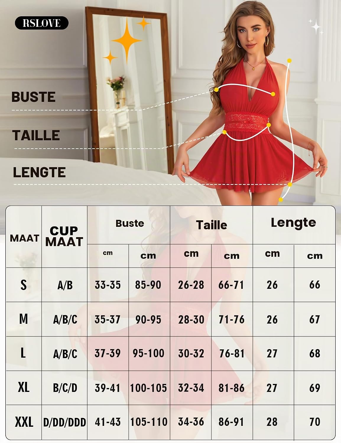 Detalle de RSLOVE babydoll van mesh met blote rug en V-hals