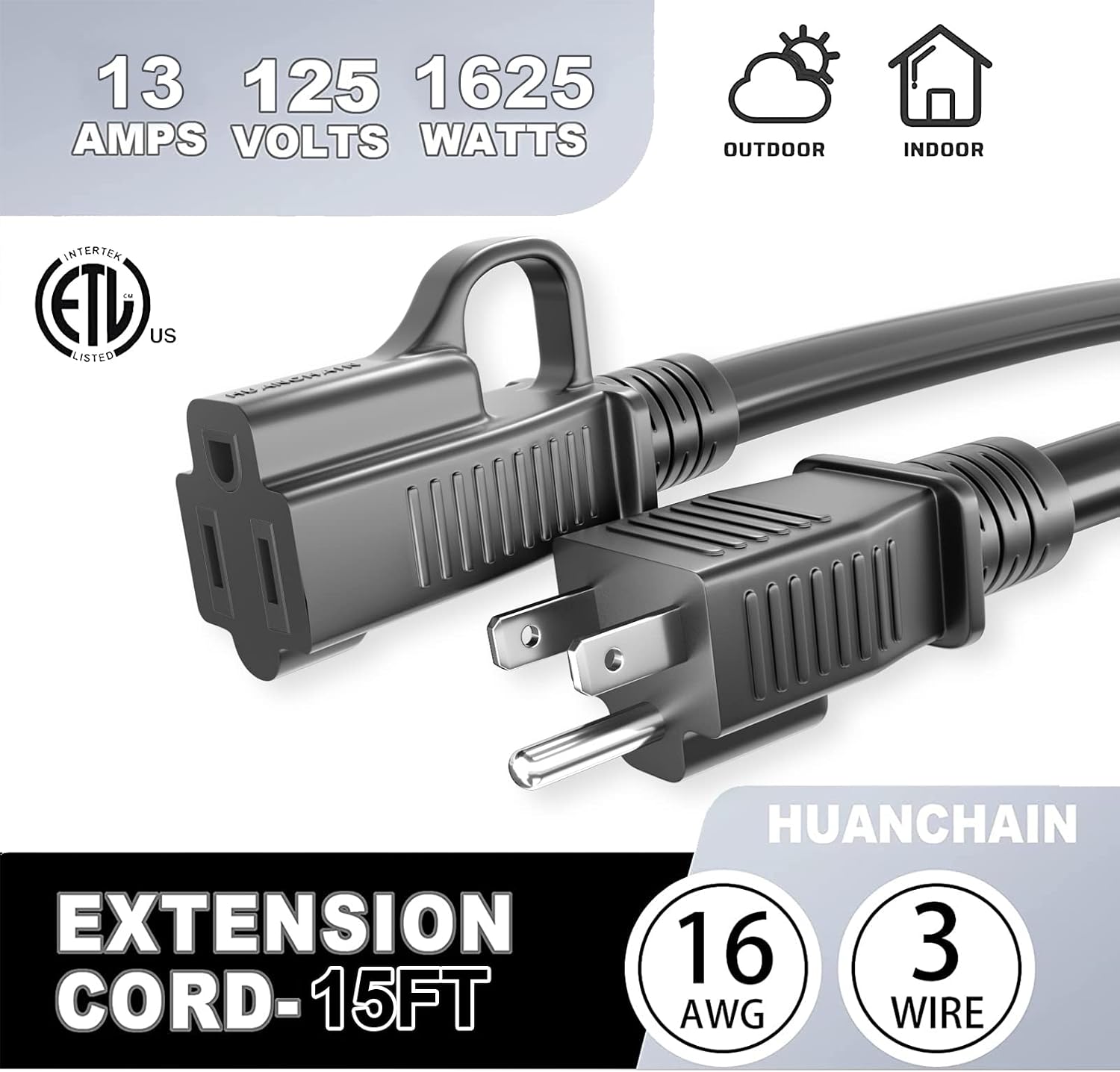 Thumbnail 6 de HUANCHAIN 15 ft Indoor/Outdoor Extension Cord, 16/3, Waterproof, 13A