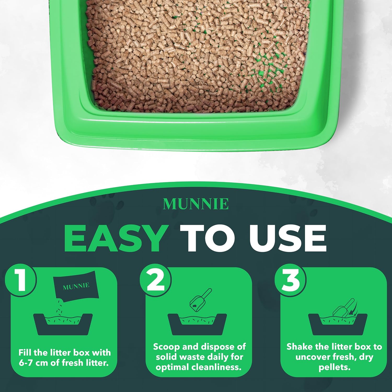 Detalle de Munnie Cat Litter 30L – Biodegradable, Dust-Free, Unscented Wood Pellets for Cats & Kittens