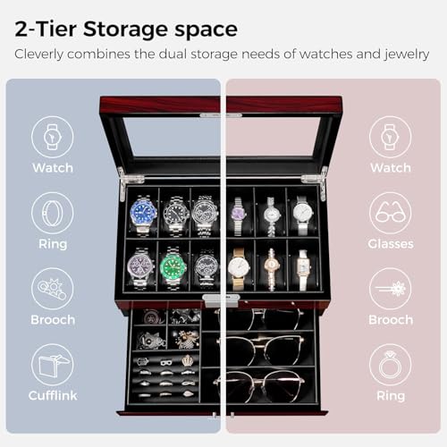 Detalle de ANWBROAD Caja de Relojes con 12 Ranuras y Tapa de Cristal – Joyero para Hombre