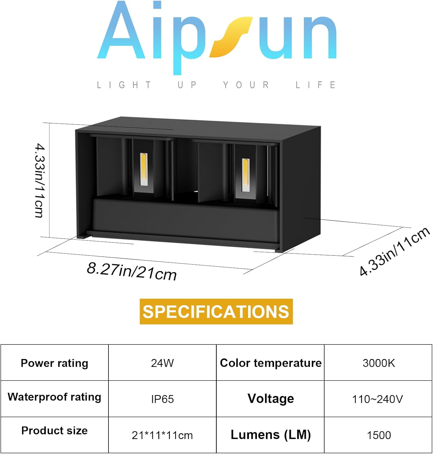 Thumbnail 4 de Aipsun 24W Applique Murale Intérieure/Extérieure Noir – LED et faisceau ajustable IP65