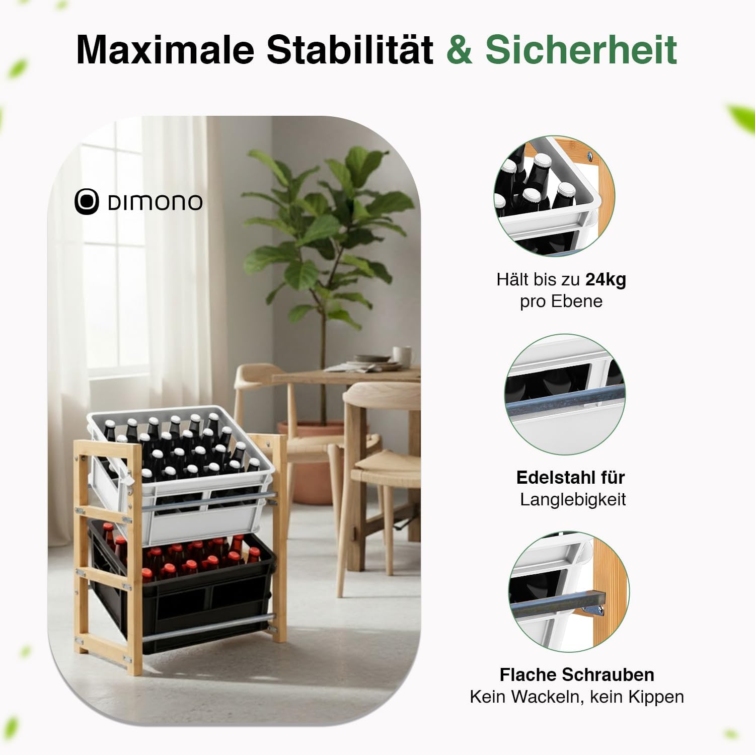 Detalle 2 de Dimono Drinks Crate Rack for 2 Crates, Bamboo Shelf with Steel Brackets