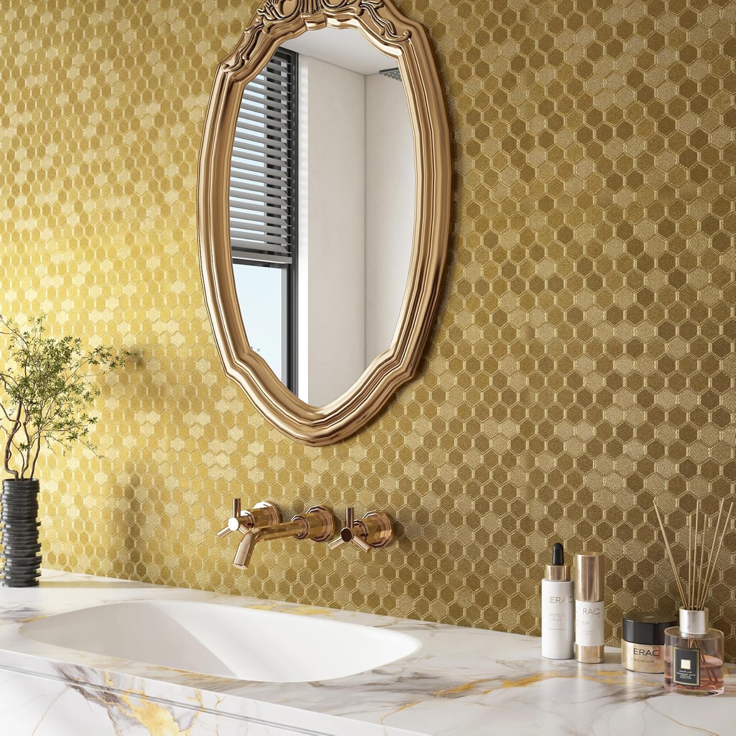 Detalle de FunStick Selbstklebende Tapete Metallisch Braun Gold mit Wabenmuster, 40 cm × 200 cm