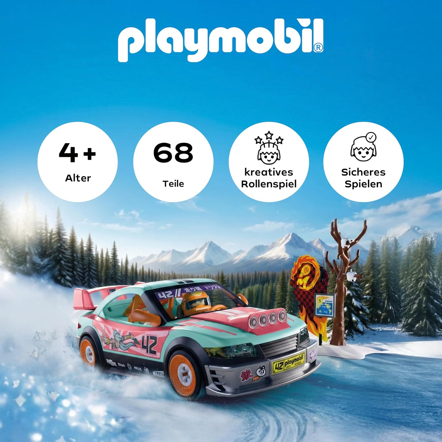 Detalle de PLAYMOBIL Cars Offroad Tuningcar 72062 – Tuning-Auto mit Rammbock, Schnee-Kulisse und Werkzeugkasten