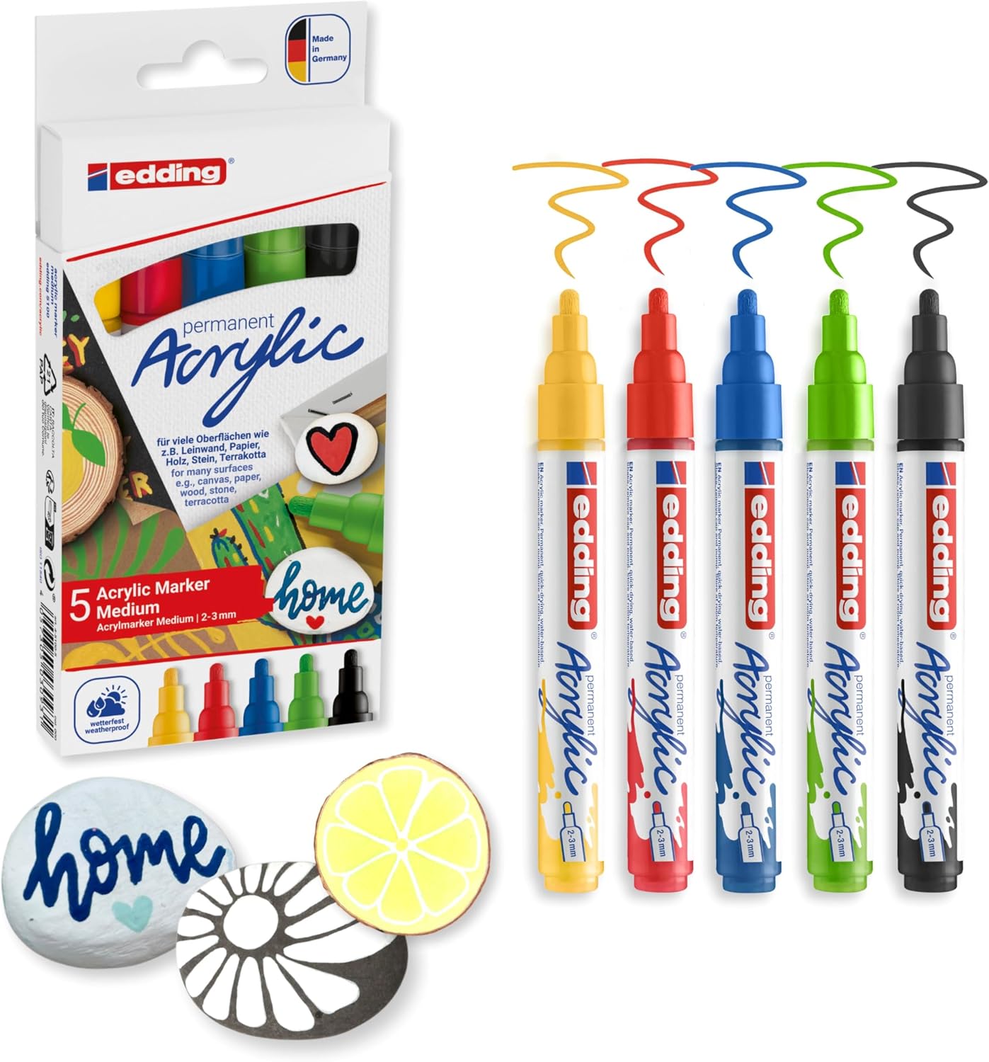 Detalle de edding 5100 Marqueur acrylique 5 couleurs (noir, rouge, bleu, jaune, vert jaune) pointe ronde 2–3 mm