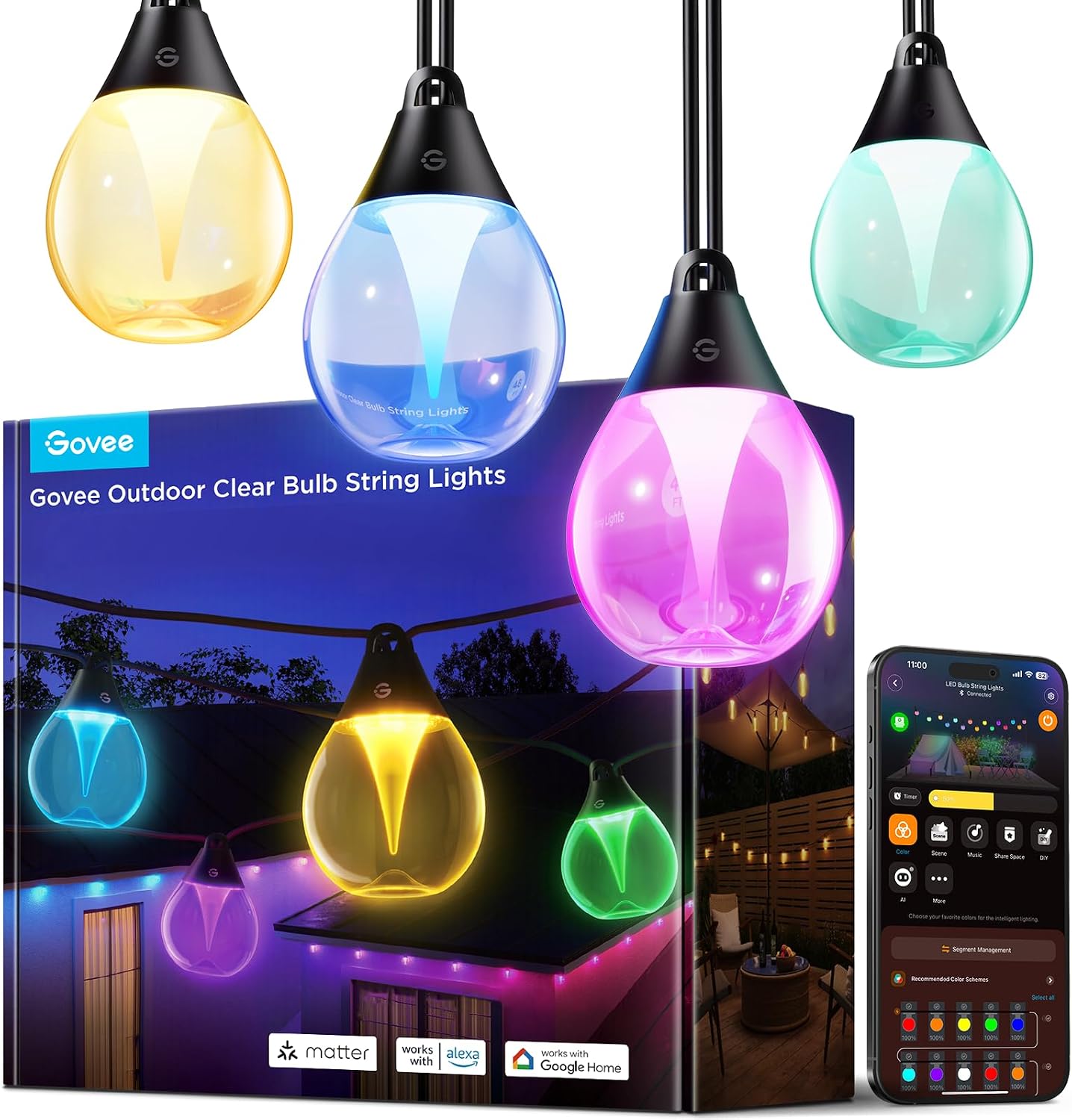 Detalle de Govee Lichterkette Außen, 15M – RGBWIC, 16 Mio Farben, 111 Szenen, 80 lm/LED, IP-schutz, kompatibel mit Alexa/Google/Matter