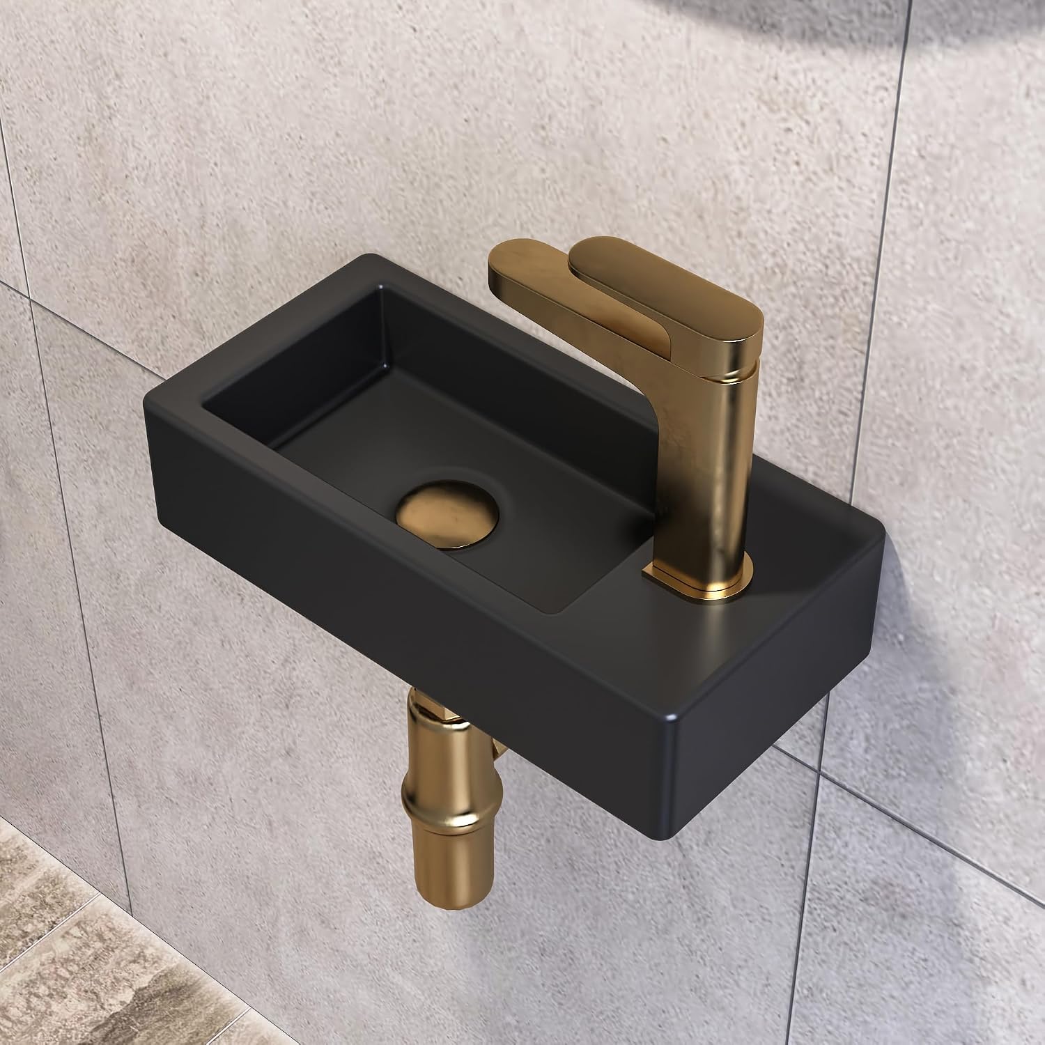 Detalle de DeerValley DV-1V0091R – czarna umywalka ceramiczna, ścienna, prawy otwór na baterię