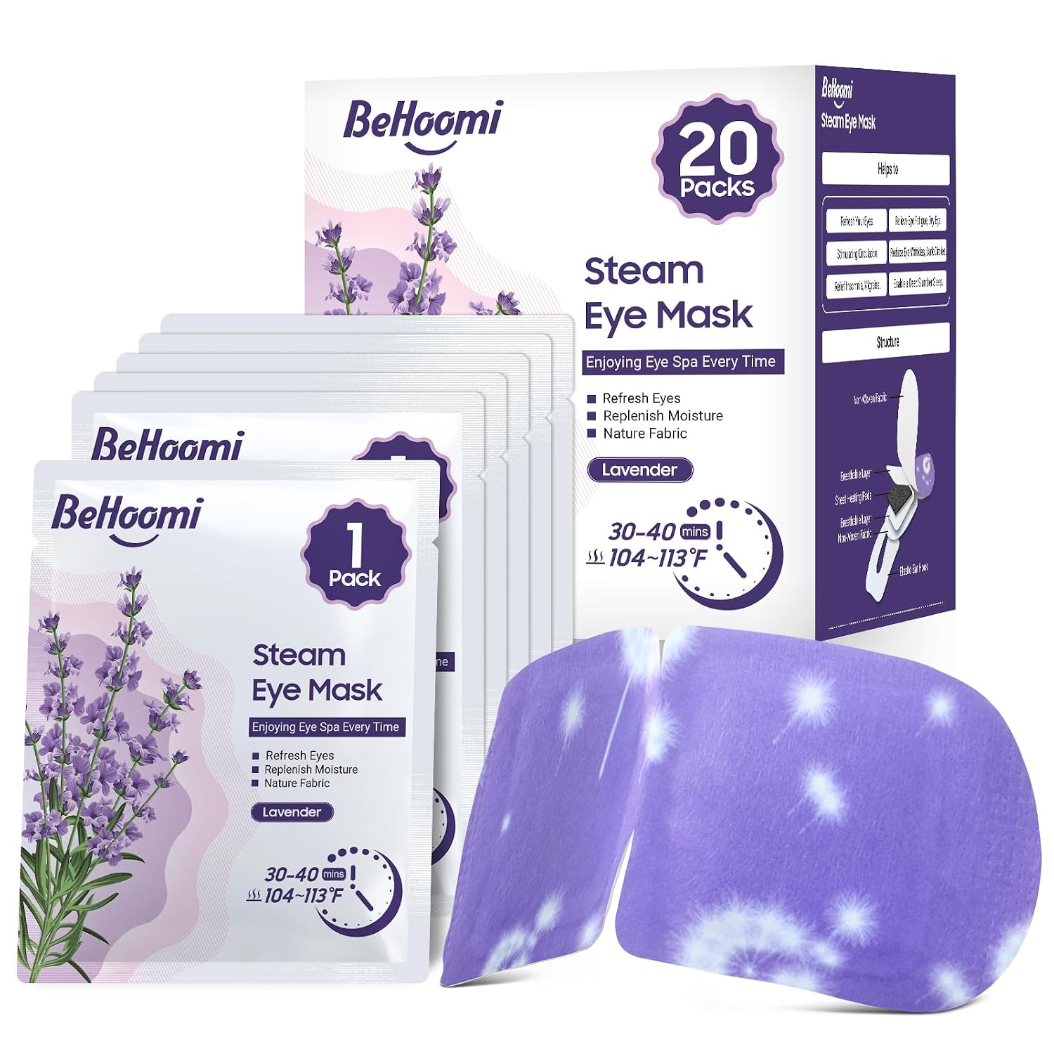 Detalle de BeHoomi Lavender-20 Steam Eye Masks, Self-Heating Disposable 20-Pack