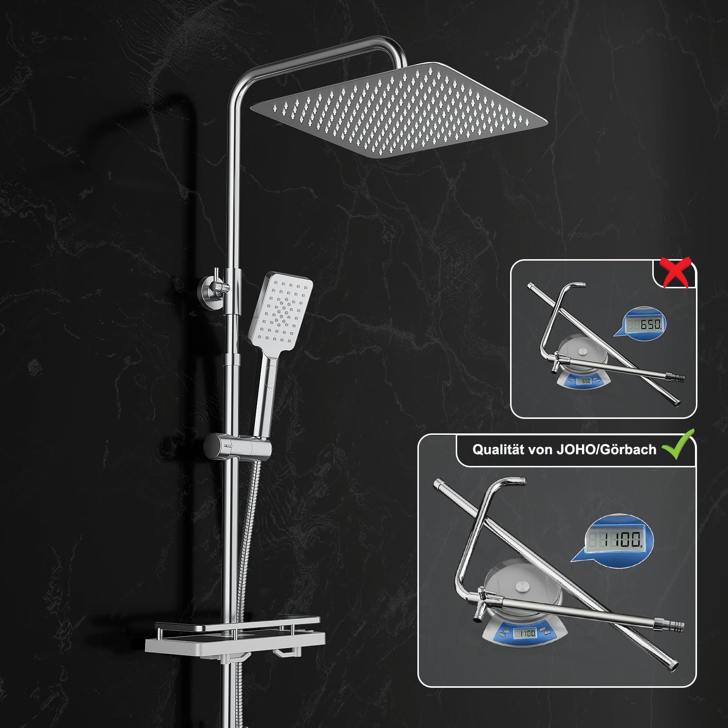 Detalle 2 de JOHO Edelstahl Duschsystem ohne Armatur – Regendusche mit 30x30 cm Kopfbrause, Ablage und verstellbarer Stange