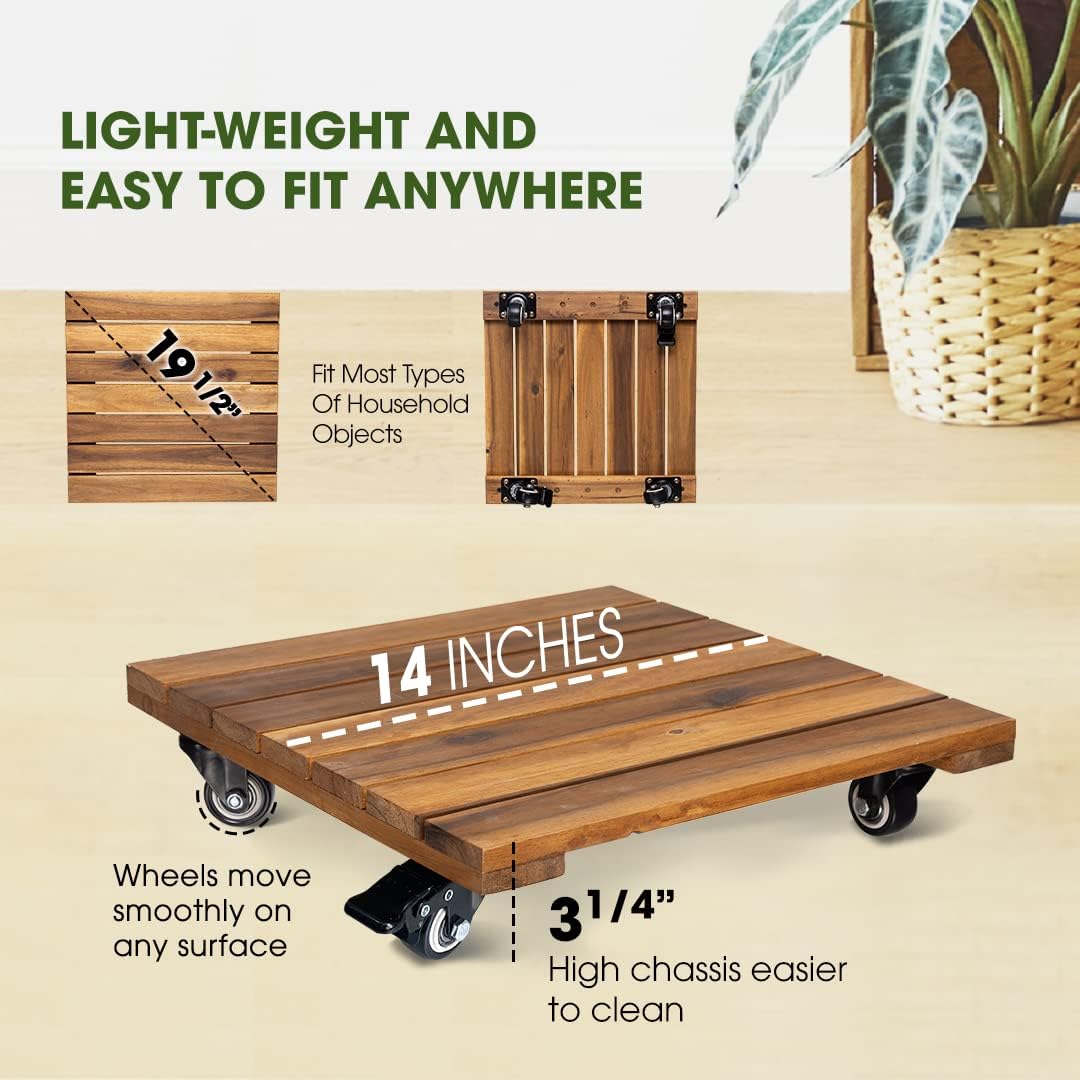 Detalle de IDZO 14-Inch Acacia Wood Plant Caddy, 2-Pack with Lockable 360° Wheels