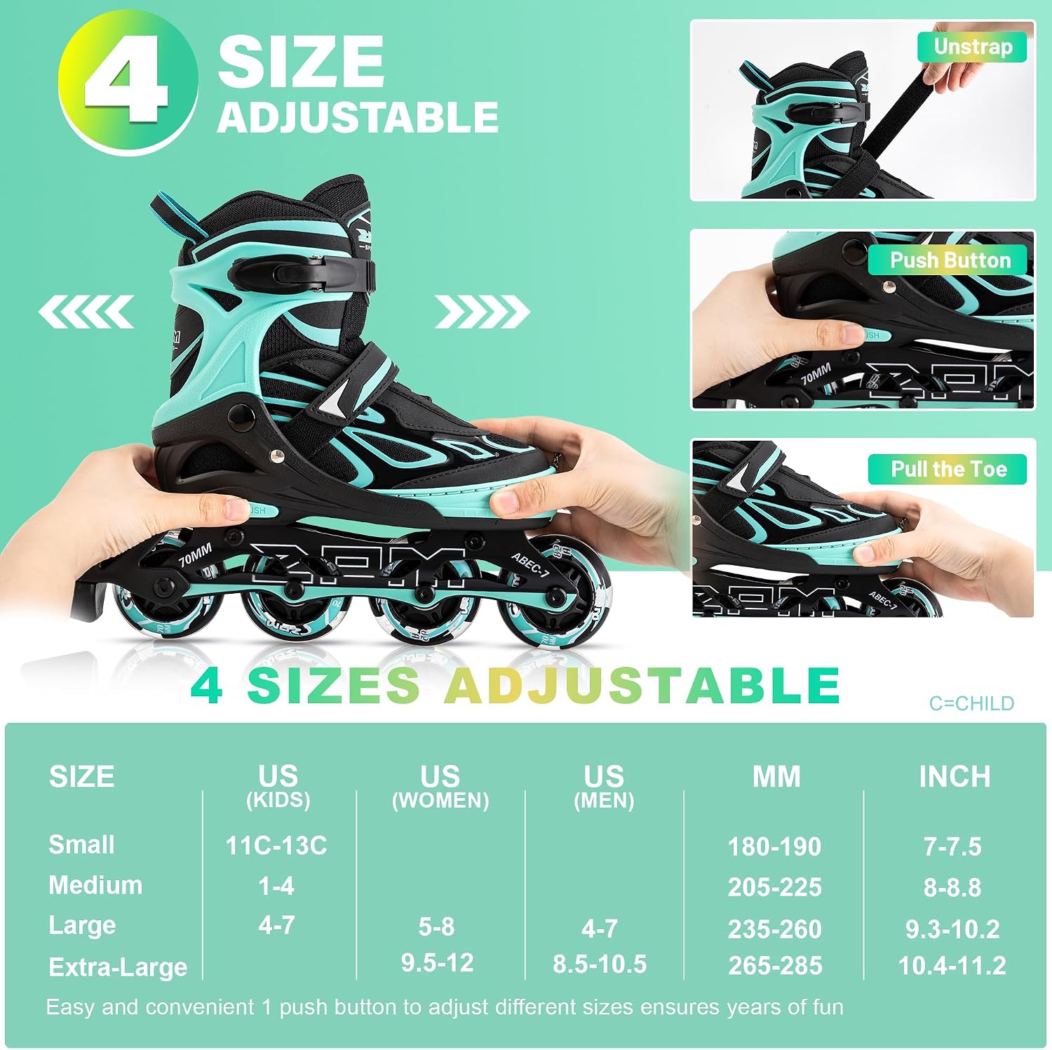 Detalle de 2PM SPORTS Adjustable Inline Skates for Kids, Mint, Light-Up Wheels