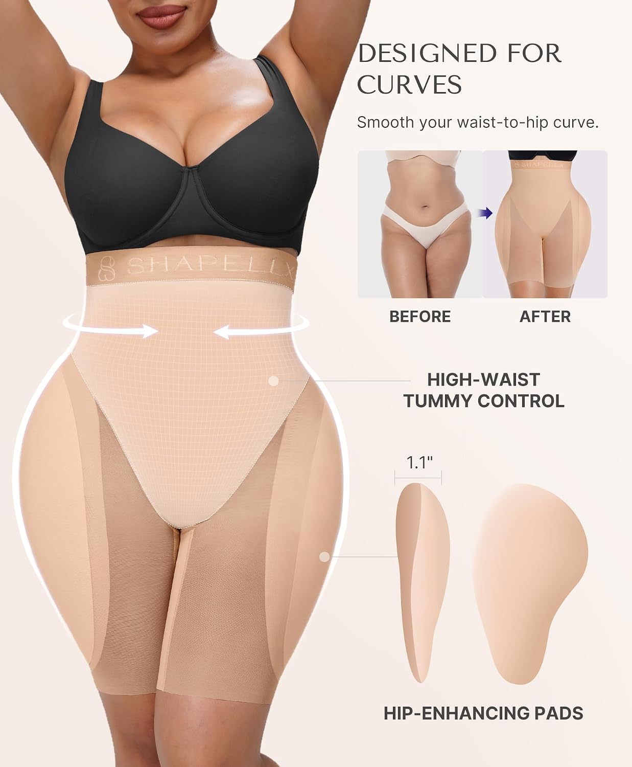 Detalle de SHAPELLX Hip Enhancer Shapewear Shorts with Removable Hip-Dip Pads