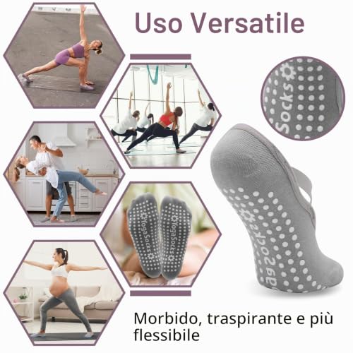Detalle 2 de VEGCOO 5 Paia Calzini Antiscivolo Donna per Pilates, Yoga e Fitness – EU35-38, 5 Colori