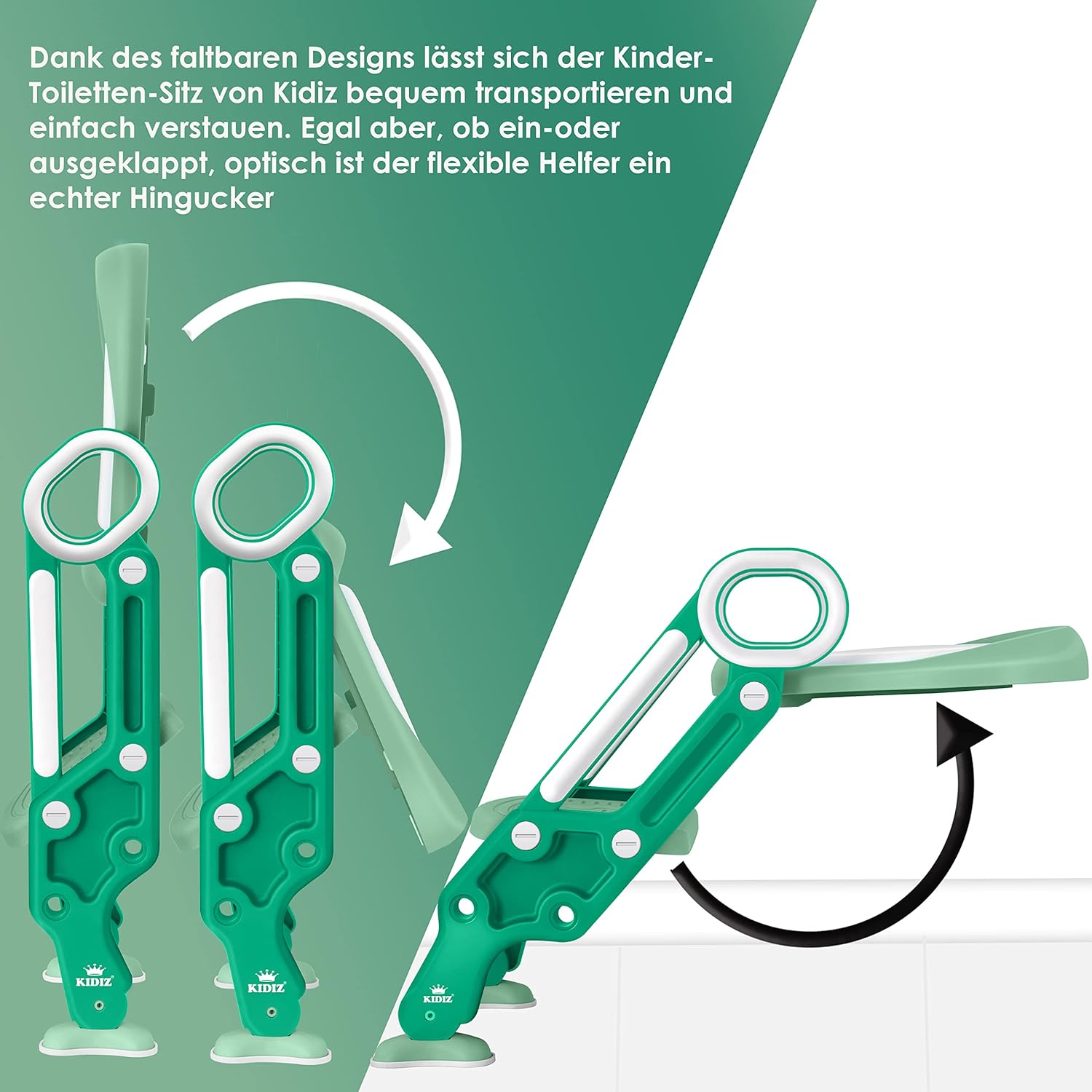 Detalle de KIDIZ® Kinder-Toilettensitz mit Treppentrainer, höhenverstellbar, faltbar – sicher, bequem und universell grün