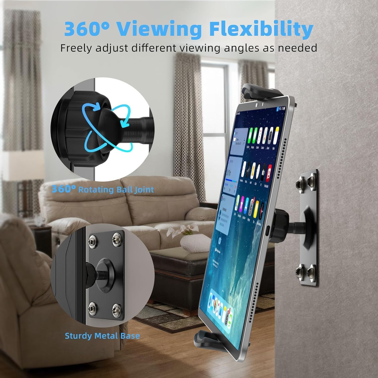 Detalle de MoKo 360° Adjustable Tablet Wall Mount: Universal 4.7–14 inch Tablet Holder