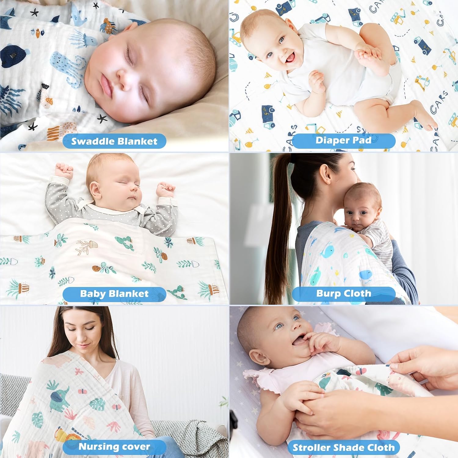 Thumbnail 6 de Maliton 6-Pack Muslin Burp Cloths (100% Cotton) – 70x70cm Muslin Squares for Newborns