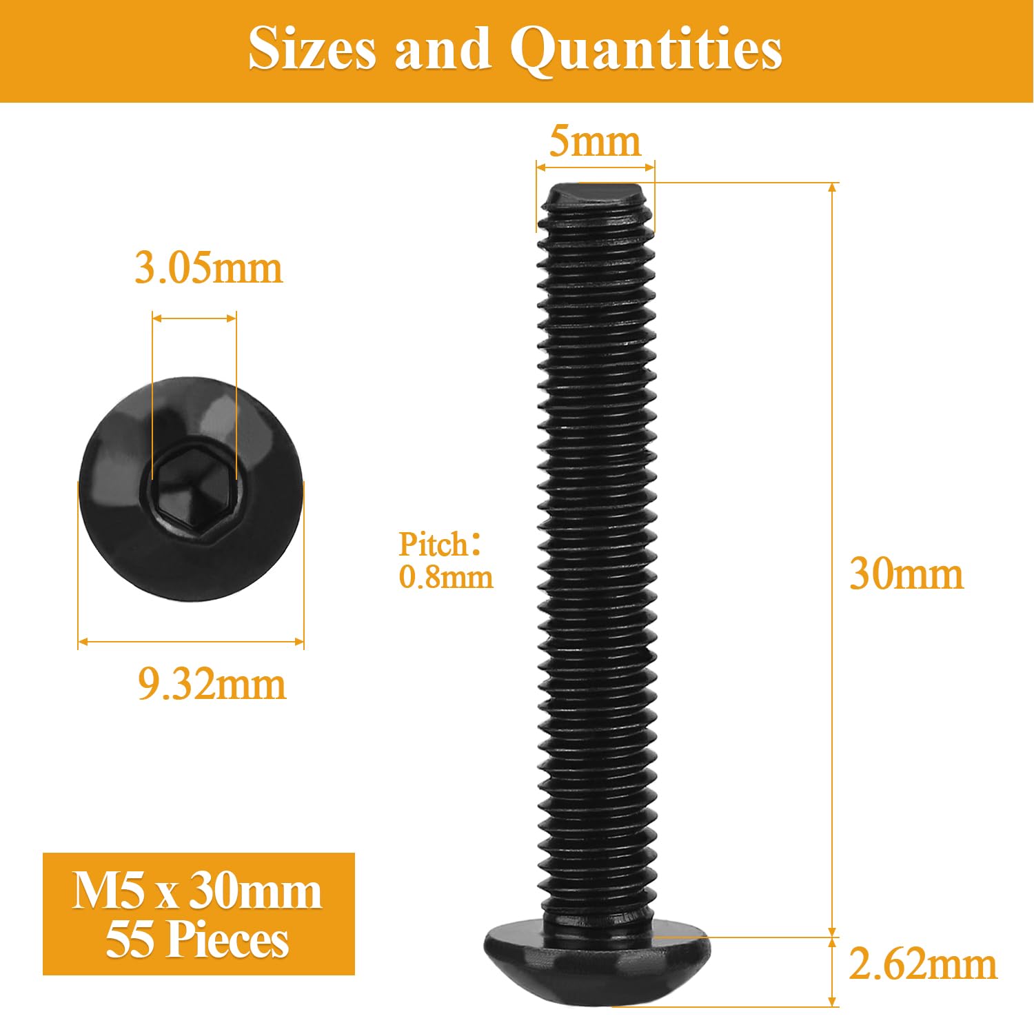 Detalle de Sutemribor M5 x 30mm Button Head Socket Screws, 55-Pack, 10.9 Alloy Steel