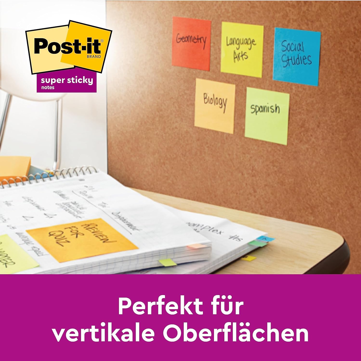 Detalle de Post-it Super Sticky Notes Packung mit 6 Blöcken (76 x 127 mm) – Pink, Lila, Grün, Grau, Blau | Extra-stark klebend