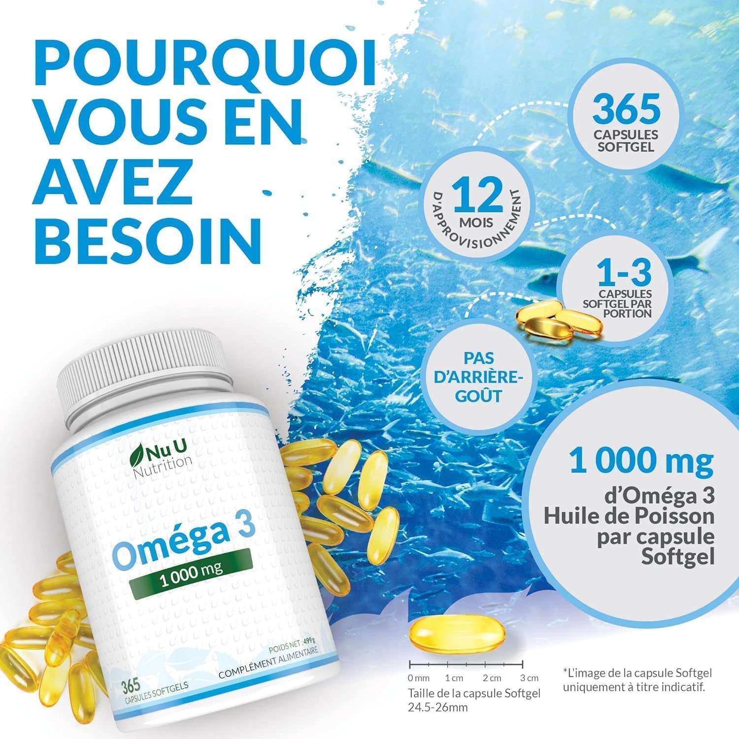 Detalle de Omega 3 Fish Oil 1000 mg - Nu U Nutrition, 365 gélules: vitamine essentielle pour cœur, vision et cerveau