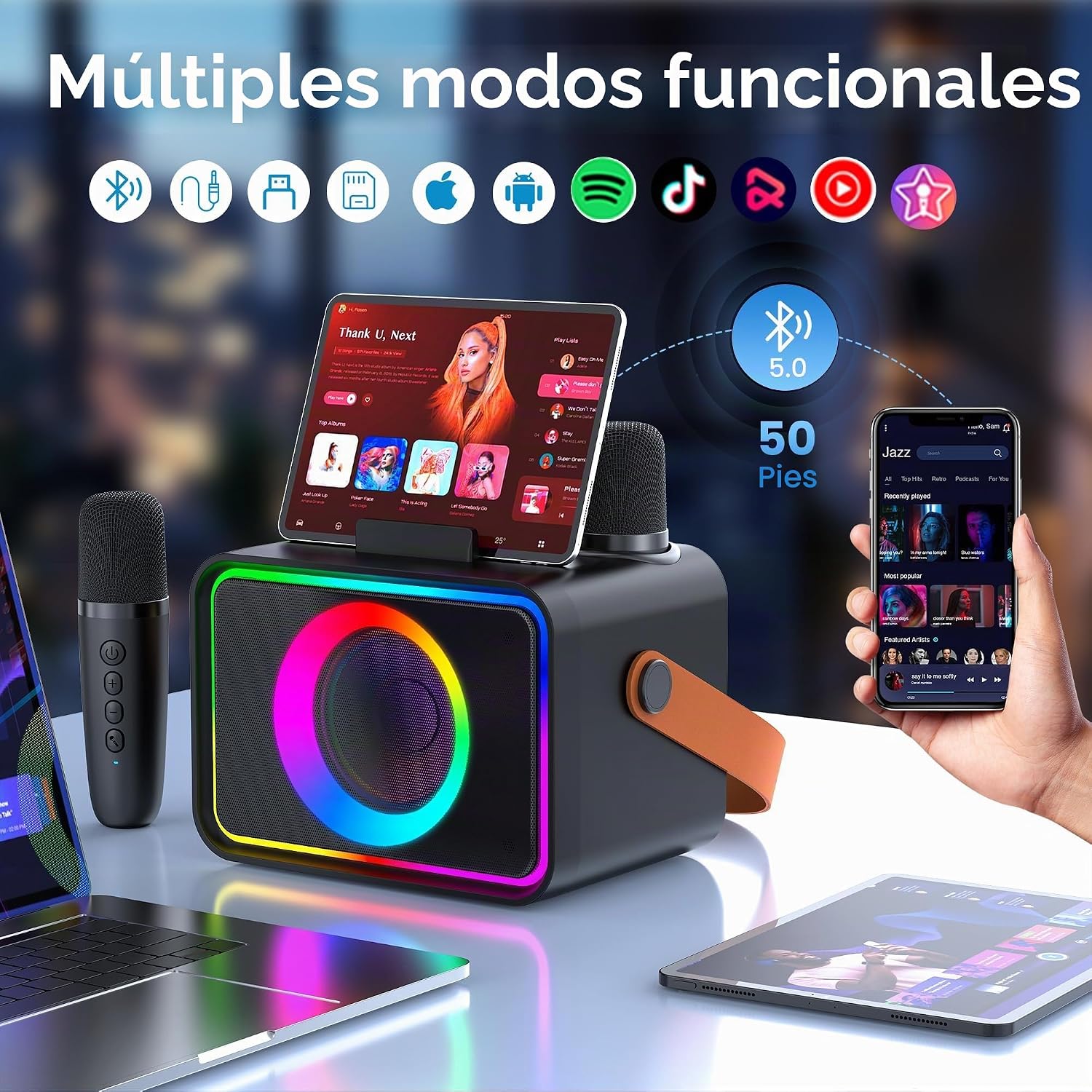 Detalle de Wowstar Máquina de Karaoke con 2 micrófonos: altavoz Bluetooth portátil para fiestas con luces