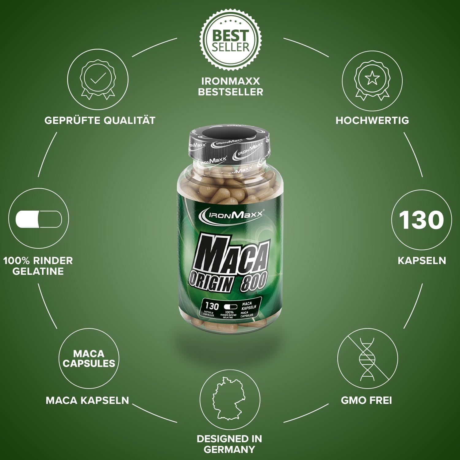 Detalle 2 de IronMaxx Maca Origin Hochdosierte Maca Kapseln – 130 Stück, 800 mg Maca-Extrakt aus Peru