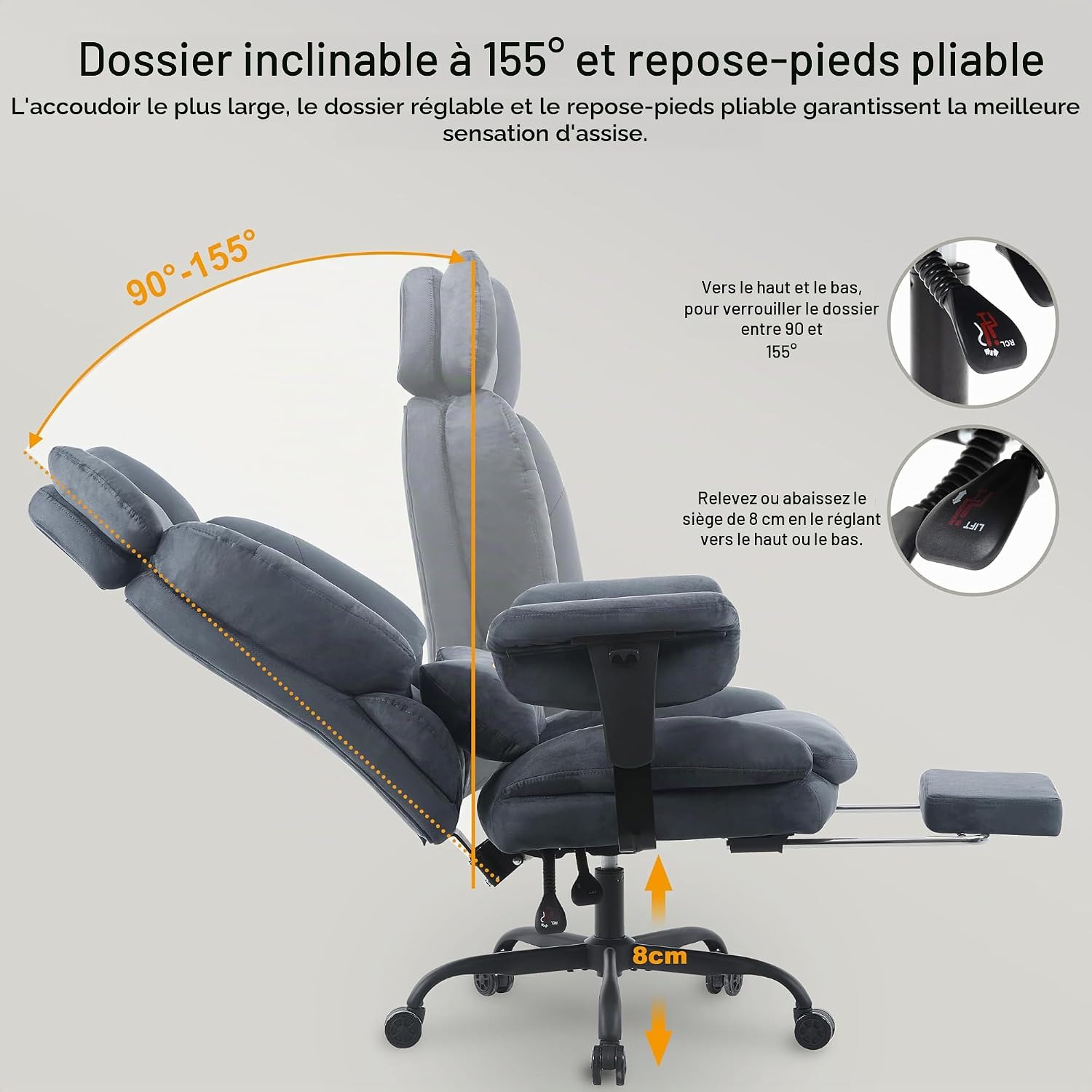 Detalle 2 de Symino SFD-01-GREY gamingstoel met voetensteun, imitatiesuède en verstelbare hoogte