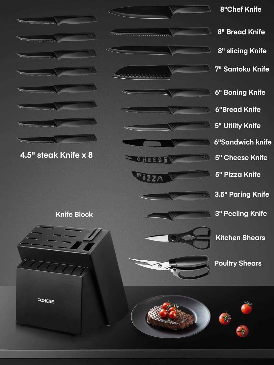 Detalle 2 de FOHERE KF-H8008 23-Piece Knife Set with Wooden Block and Sharpener