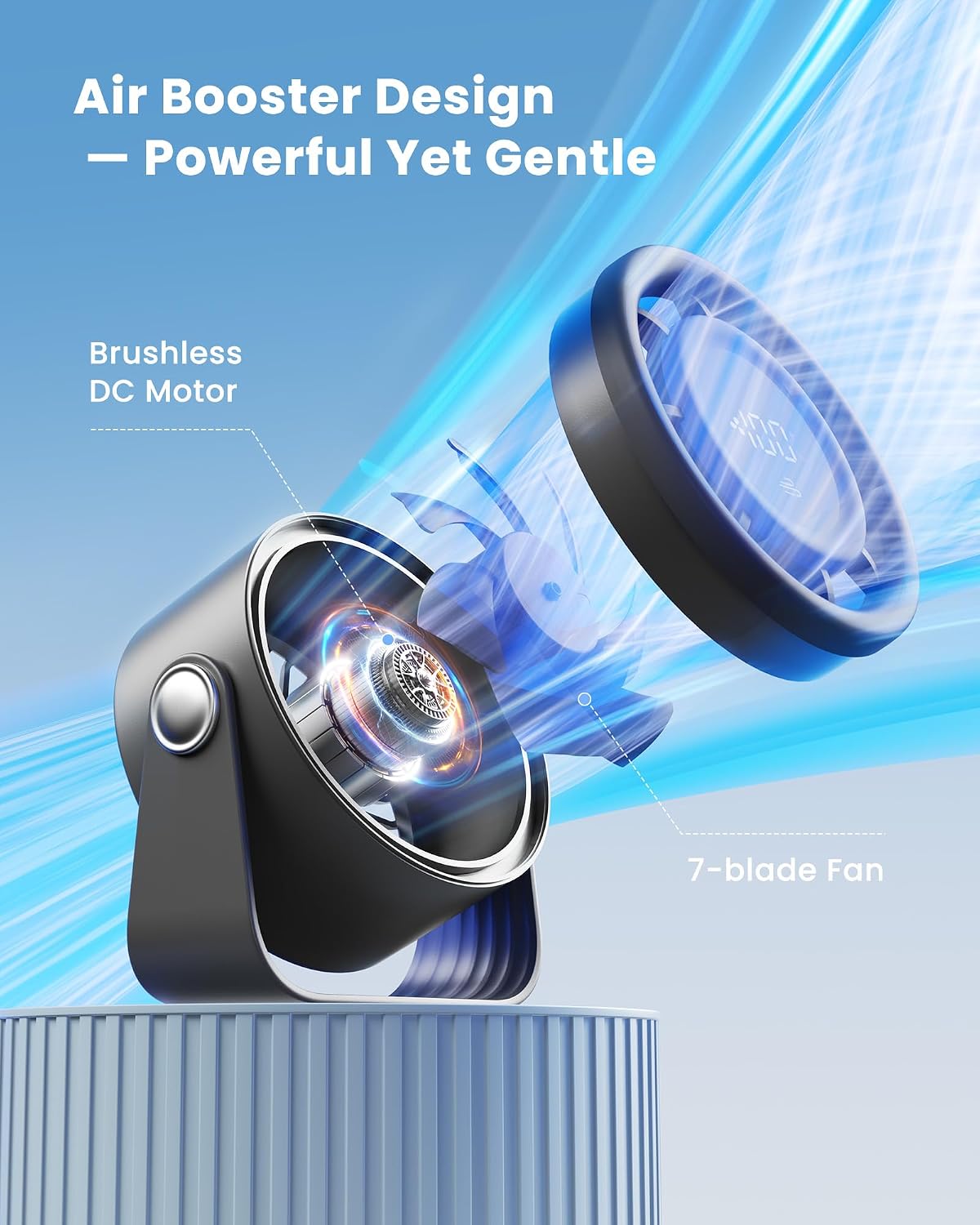 Detalle de gaiatop Small Rechargeable Desk Fan (5in) with 4000mAh Battery, Touch Control LED, 360° Tilt, 5 Speeds – Black
