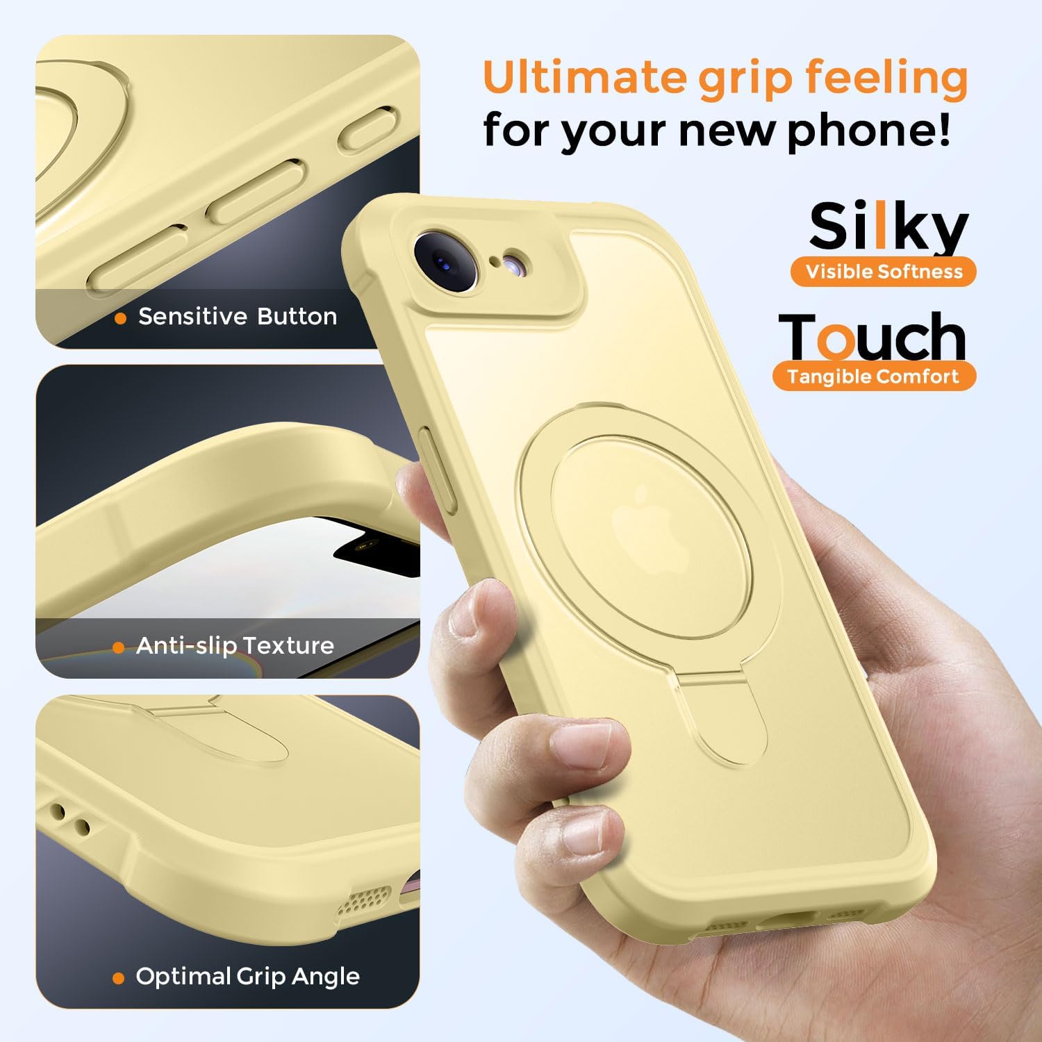 Detalle de MOCCA Magnetic Invisible Stand Case for iPhone 17e & iPhone 16e (Creamy Yellow) with Military-Drop Protection
