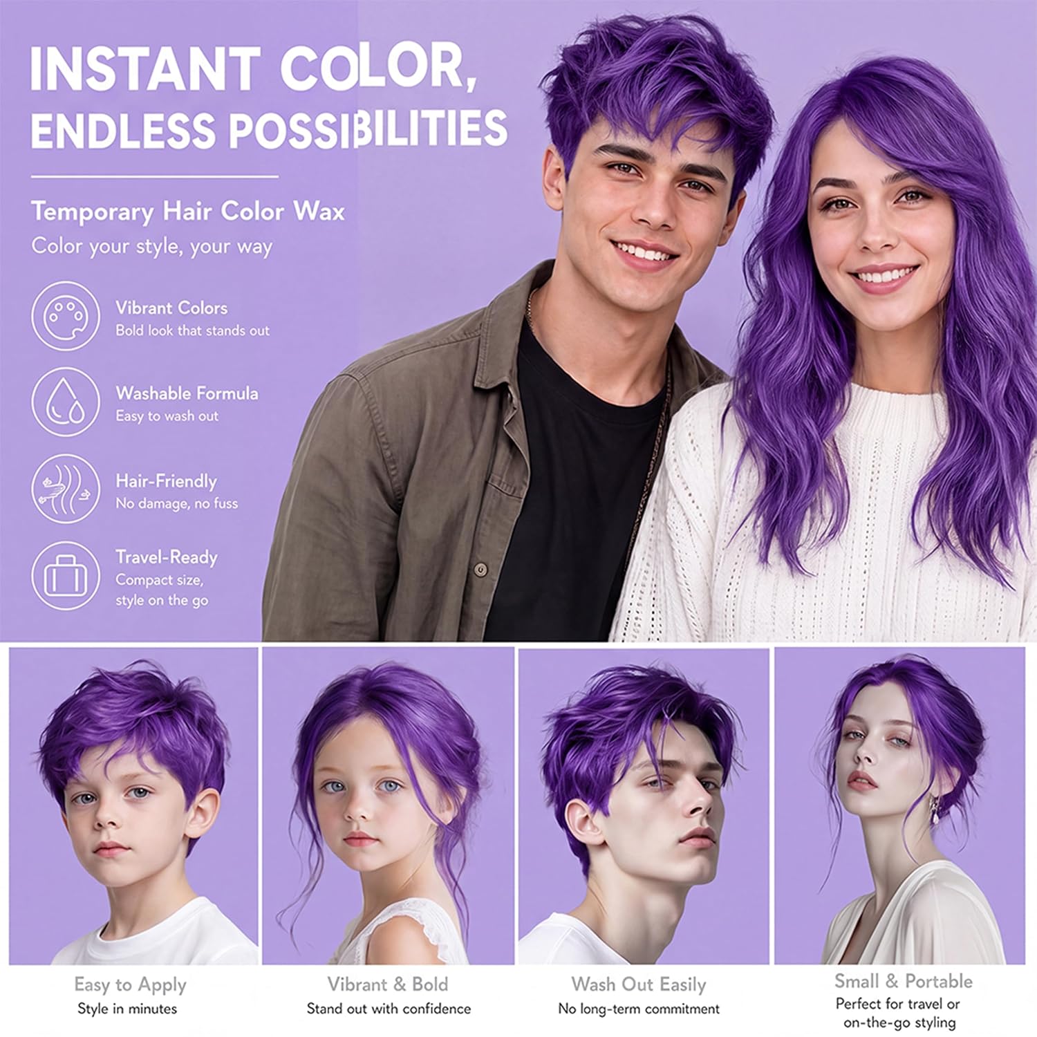 Detalle 1 de KENINA Temporary Purple Hair Color Wax, Washable Styling Color for Kids and Adults