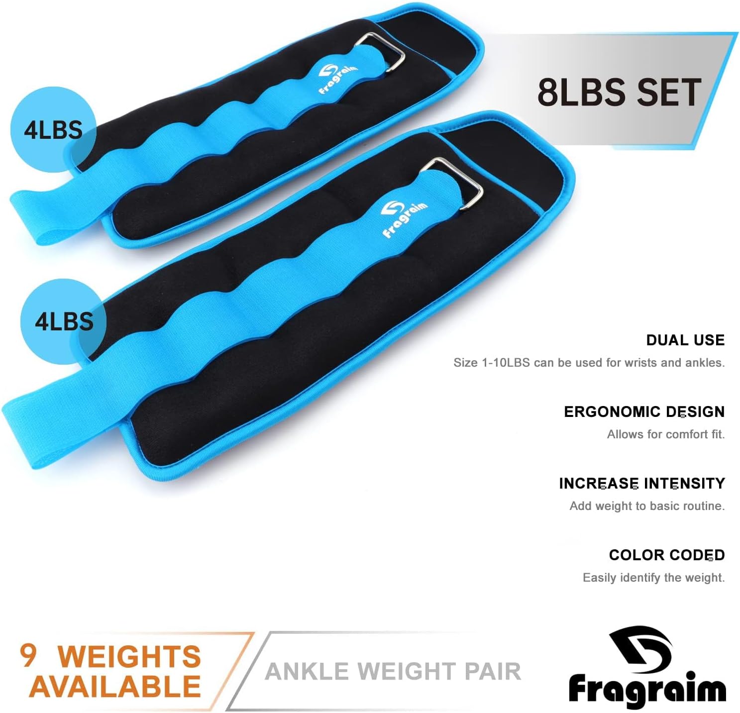 Detalle de Fragraim Ankle Weights, 4 lb Each, 8 lb Pair, Sky Blue Cotton-Neoprene
