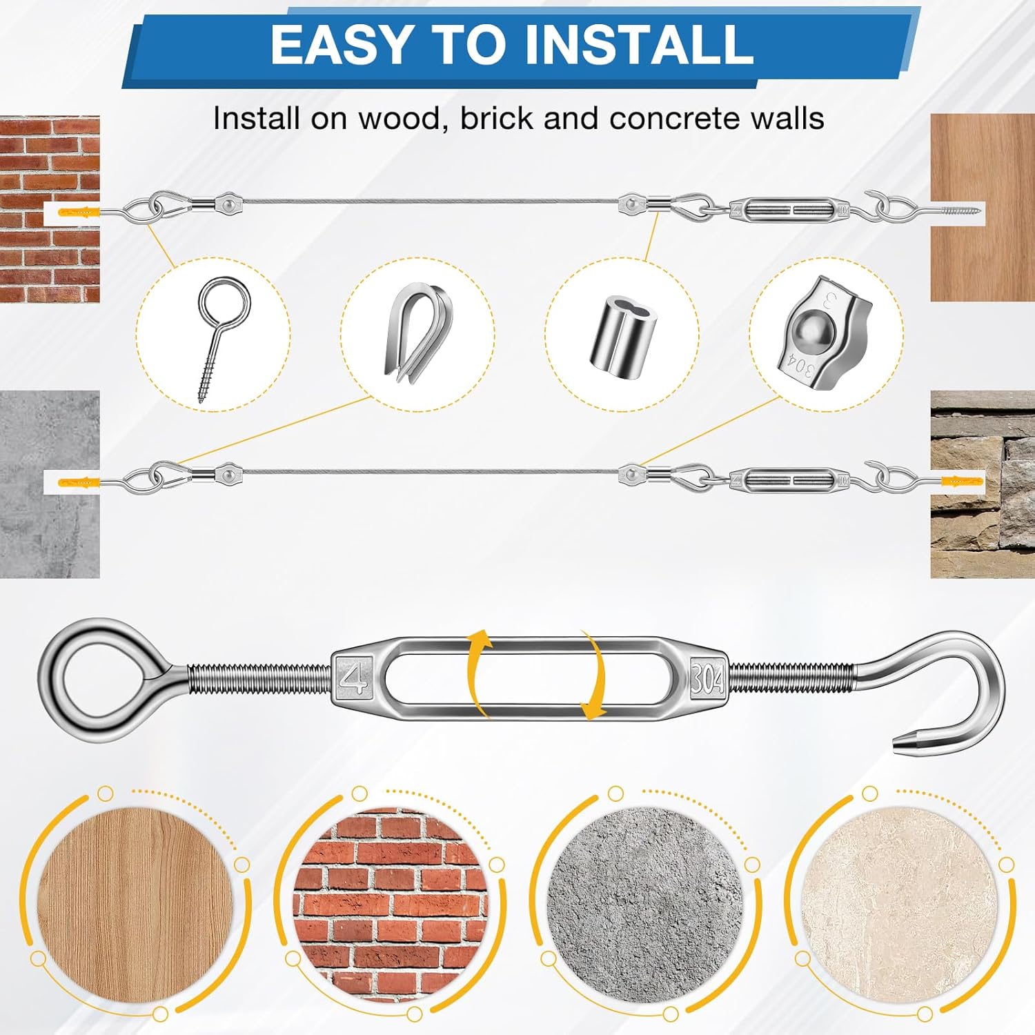 Thumbnail 4 de DazzBoom Wire Rope Kit (50m) with PVC-coated stainless steel cable, turnbuckle tensioner and fittings for garden/DIY