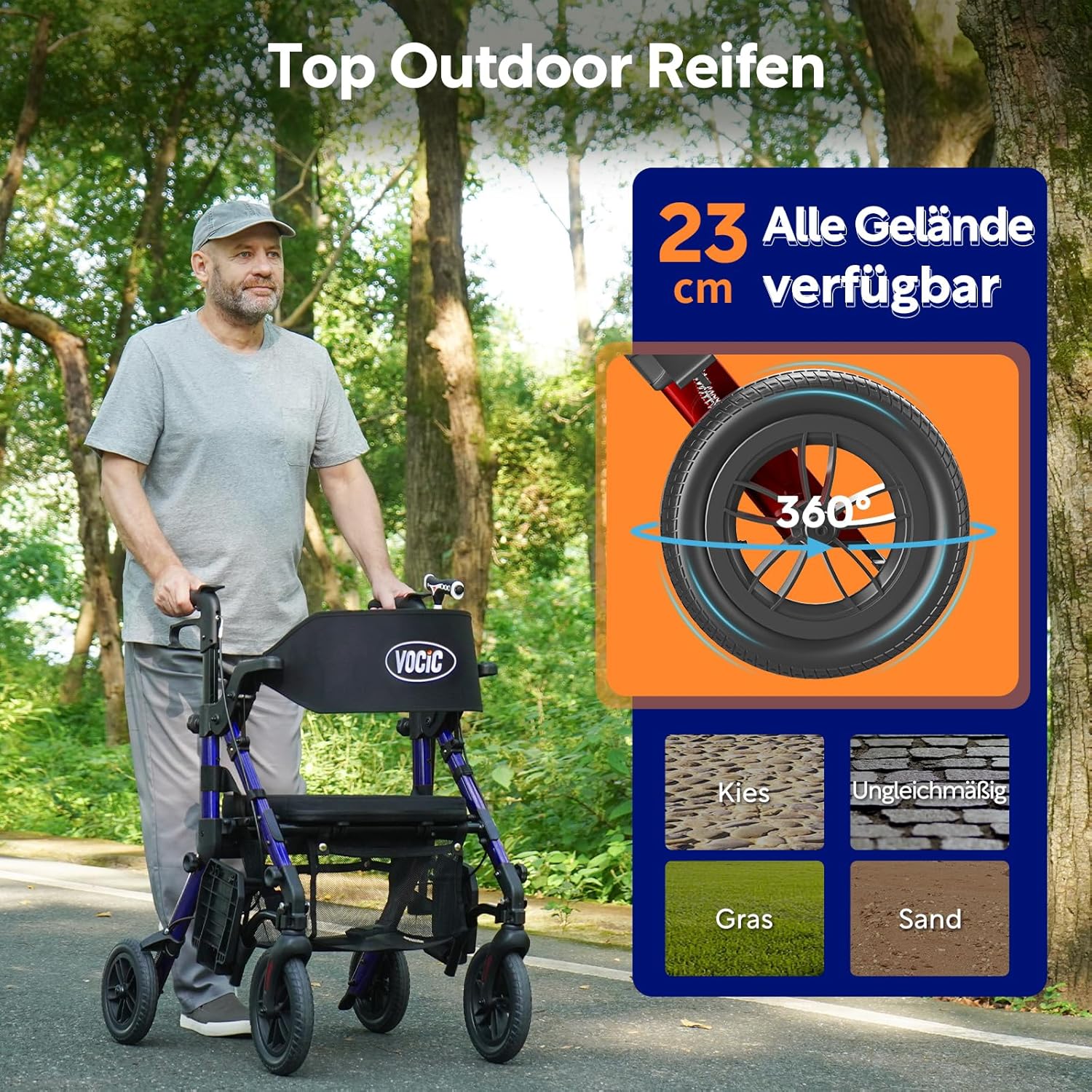 Detalle de VOCIC 2 in 1 Rollstuhl Rollator – faltbar, leicht und outdoor-fähig mit Sitz, Aluminium, Blau