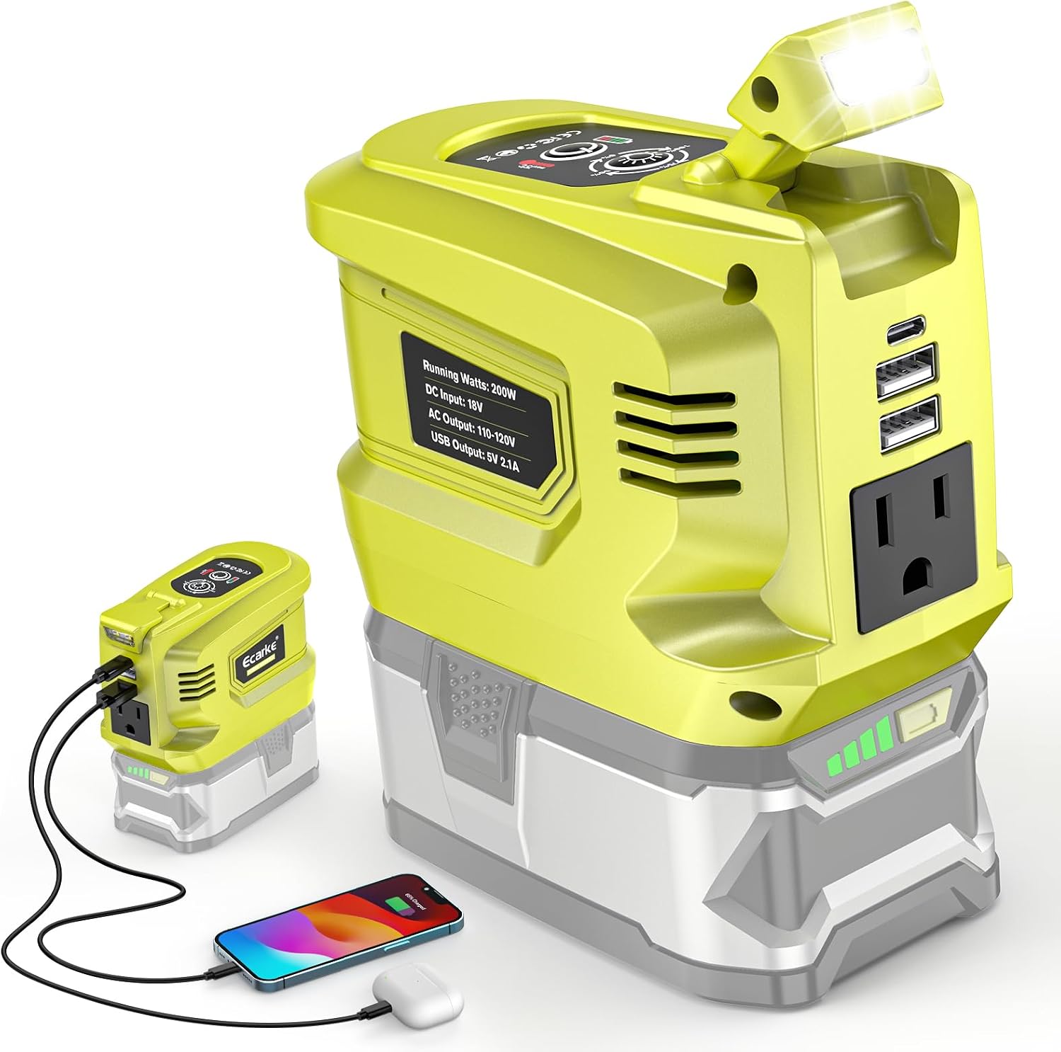 Detalle de Ecarke 200W Portable Power Inverter for Ryobi 18V/20V 110-120V 🌟