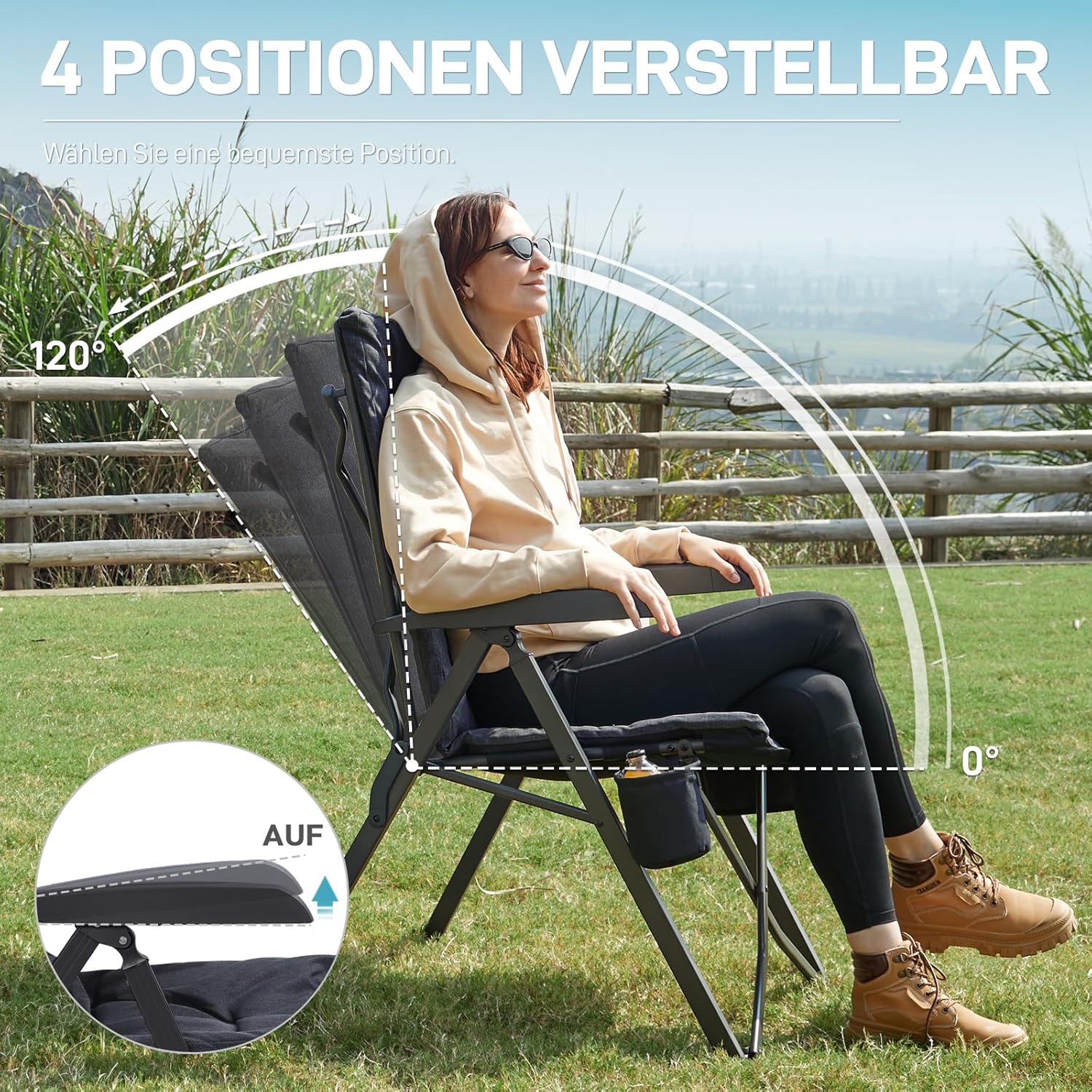 Detalle de EVER ADVANCED Campingstuhl faltbar mit 4-fach verstellbarer Rückenlehne bis 150 kg