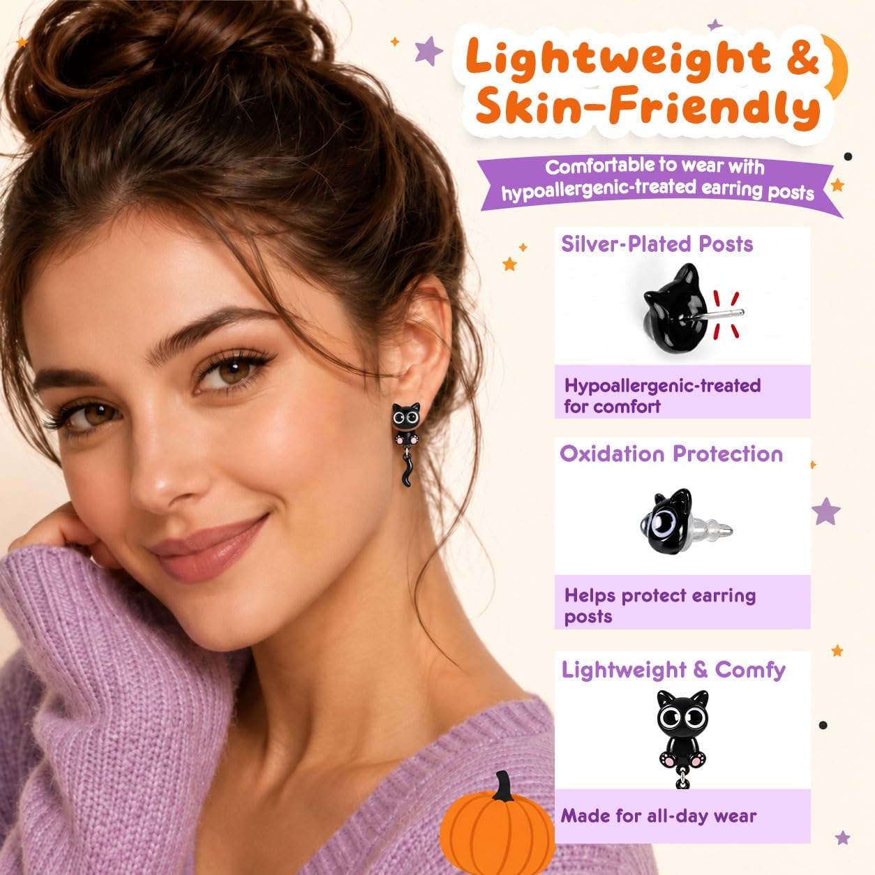 Detalle de Black Cat Earrings with Silver-Plated Copper Posts