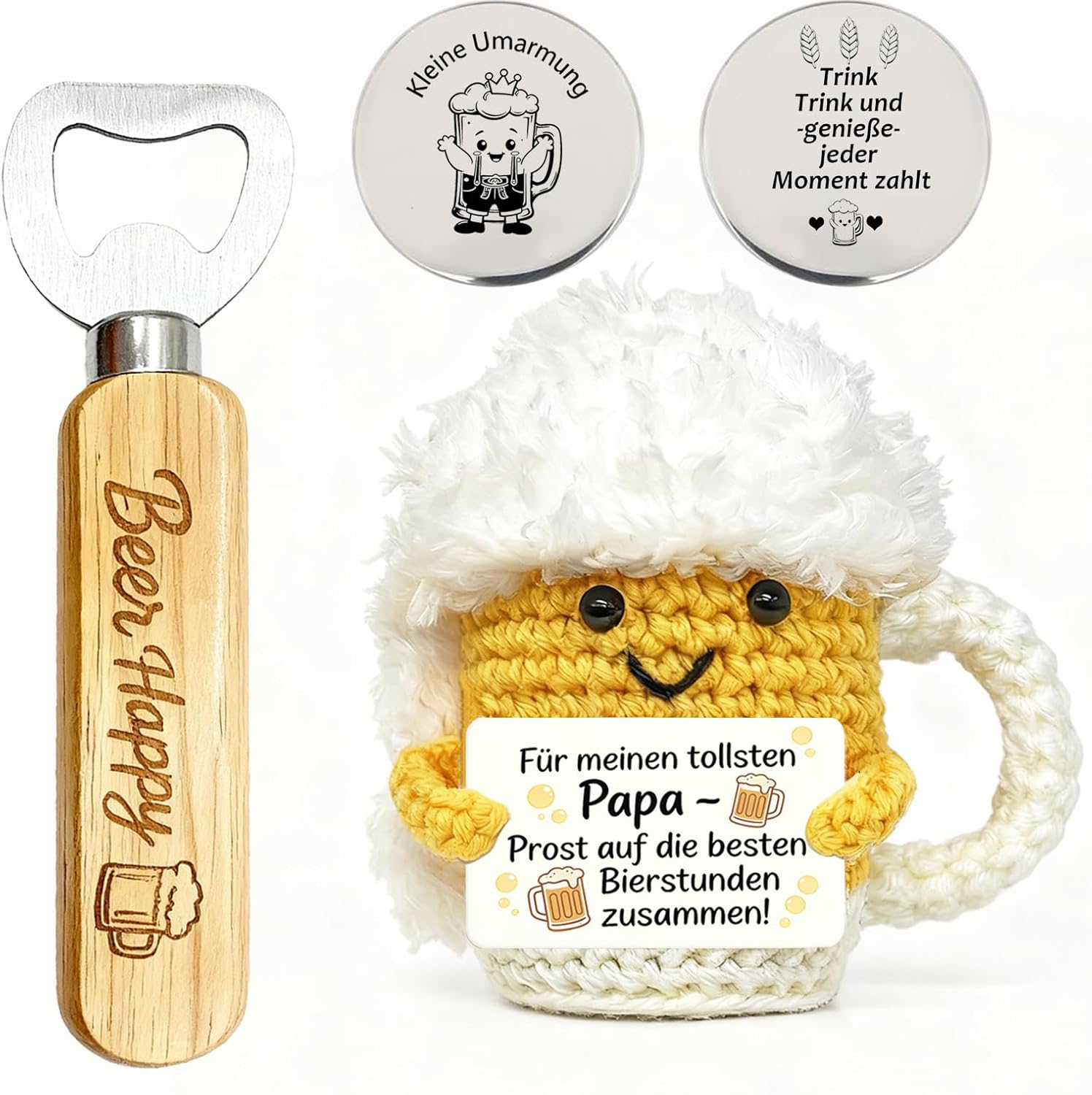 Detalle de 3-teiliges Bier Geschenkset für Männer – Handgestrickte Bierpuppe mit Flaschenöffner & Glücksbringer Münze