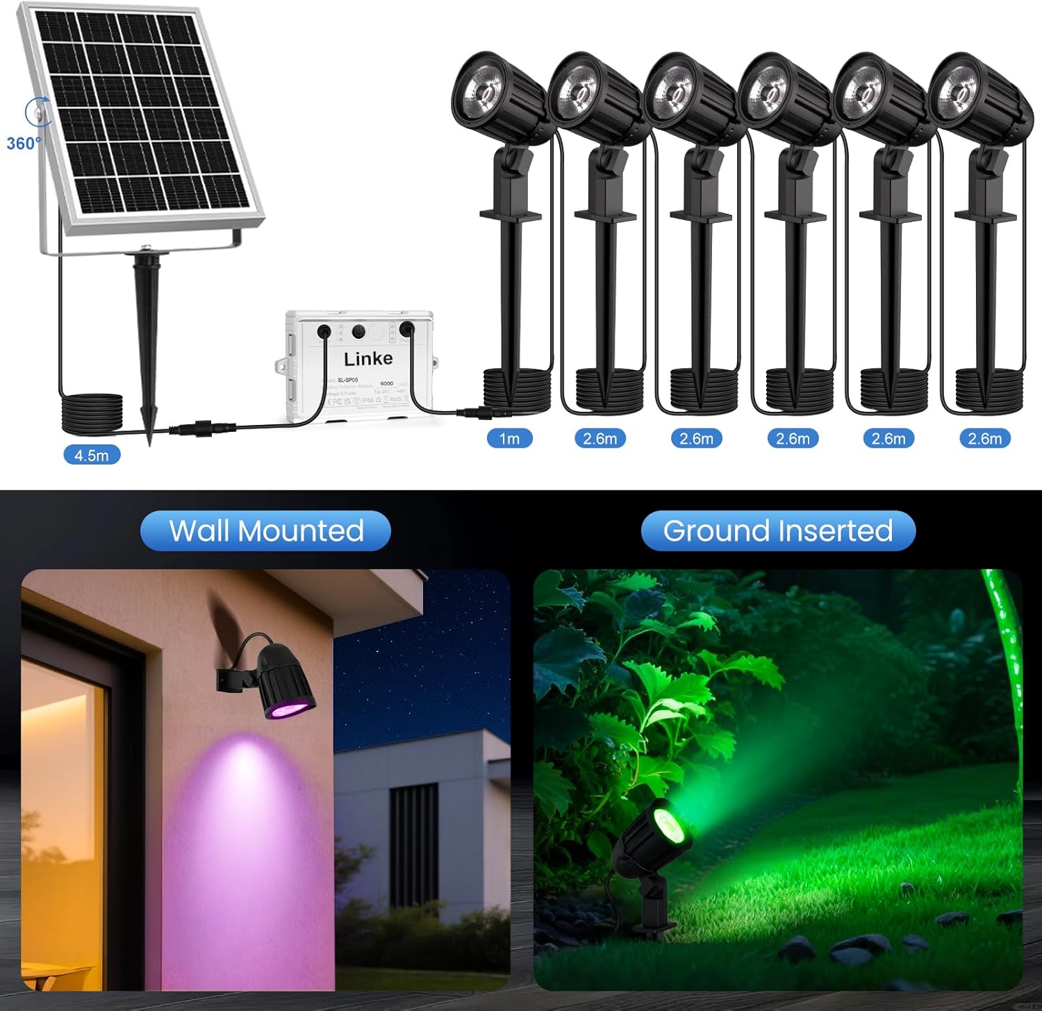 Thumbnail 4 de Linke Solar Spot Lights Outdoor Garden (6 in 1 Colour Changing LED RGB, IP66) with Remote Control