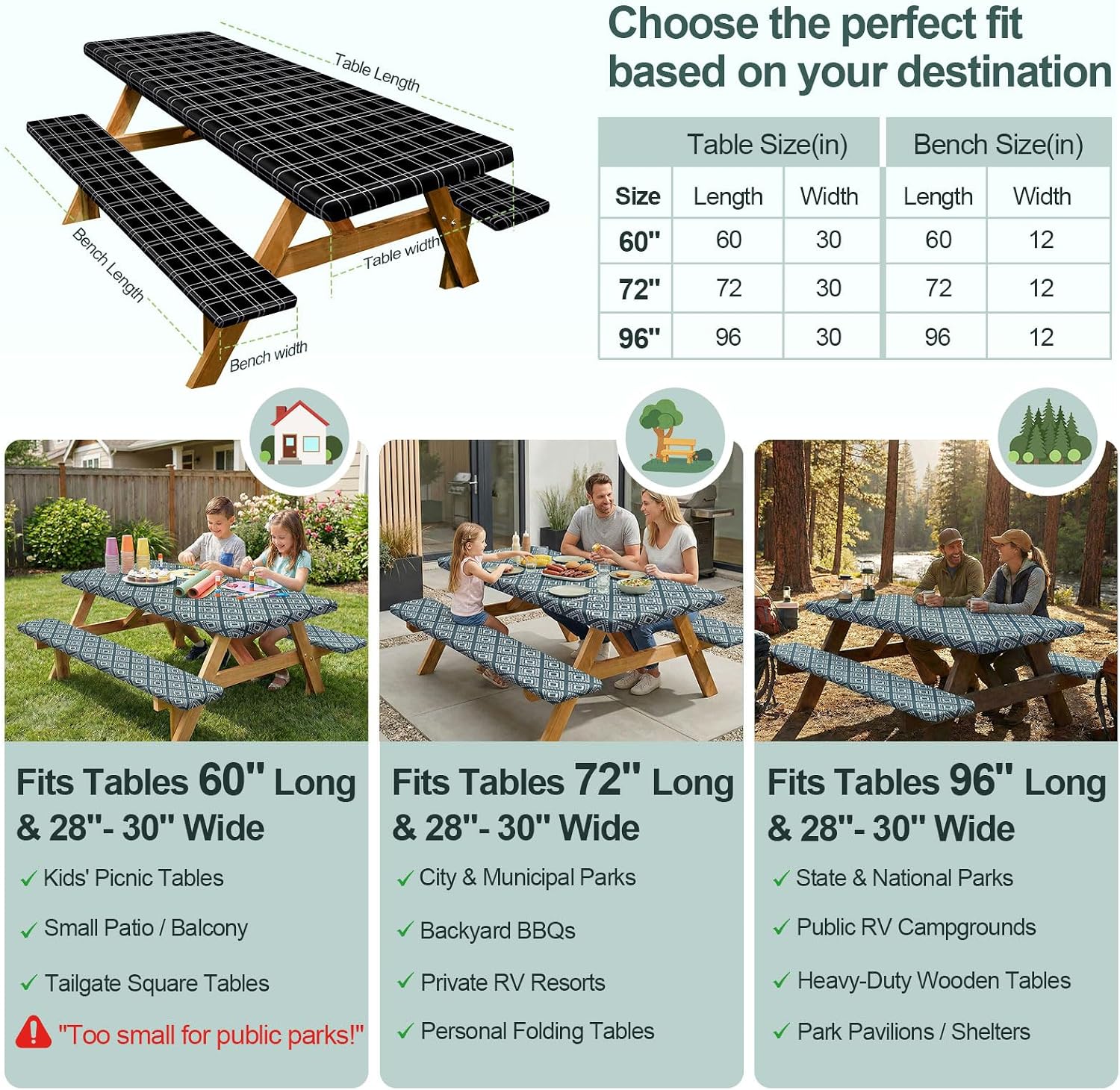 Thumbnail 4 de Picnic Table Cover with Bench Covers – Waterproof 72in Fitted Set for Standard 6-Ft Tables (Black Checkered)