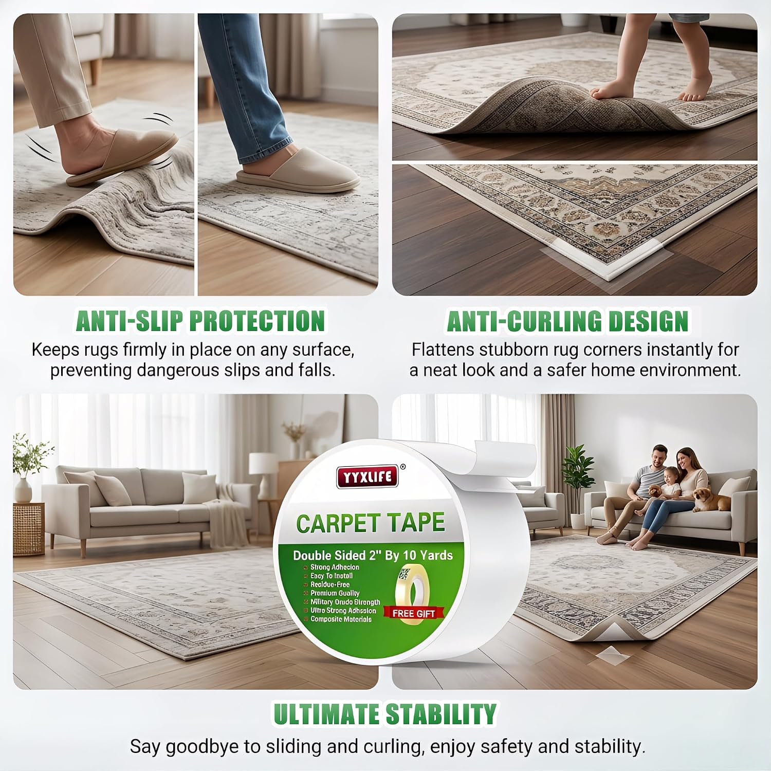 Detalle de YYXLIFE Carpet Tape, Double-Sided Rug Tape, 2 in x 10 yd, White