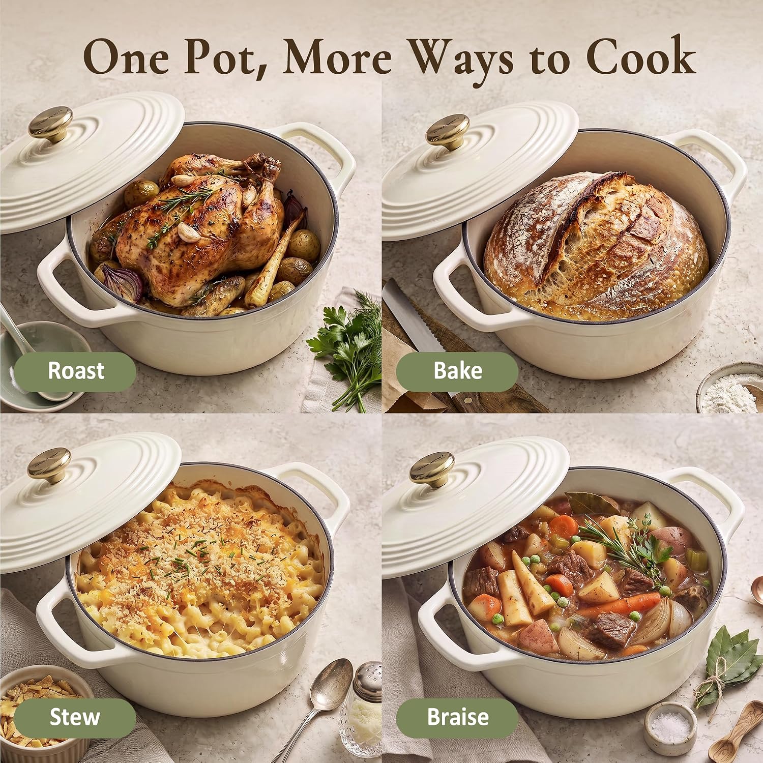 Detalle de Overmont Enameled Cast Iron Dutch Oven (5.5QT) with Lid, Cookbook & Cotton Potholders — White