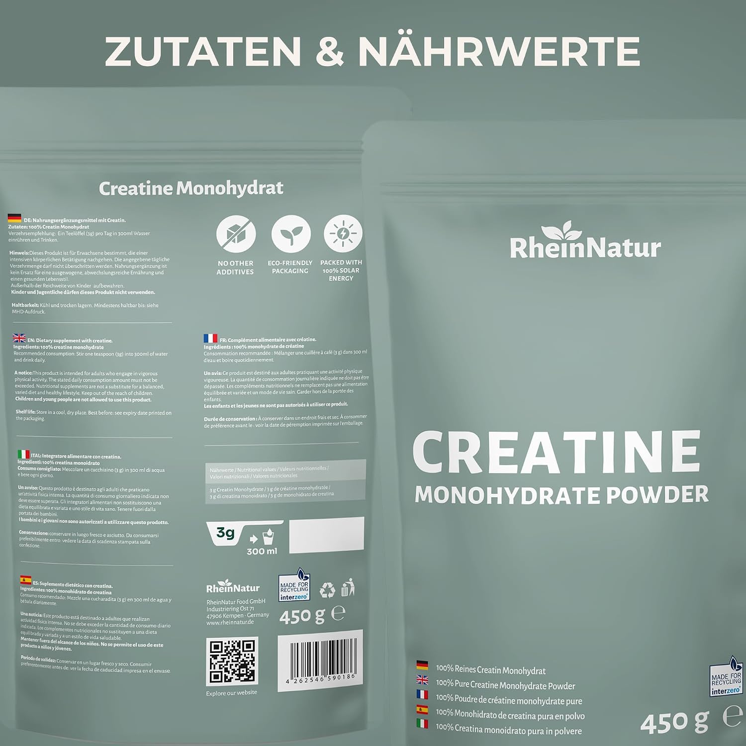 Detalle 2 de RheinNatur RN-CREATIN-450G creatinemonohydraat, 450 g, gemicroniseerd en smaakloos