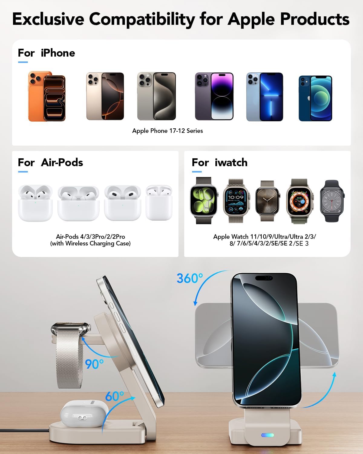 Detalle de GLILAVOX Magnetic Foldable 3-in-1 Wireless Charger for Apple: Compact, Travel-Friendly MagSafe Kitchen-Sinker