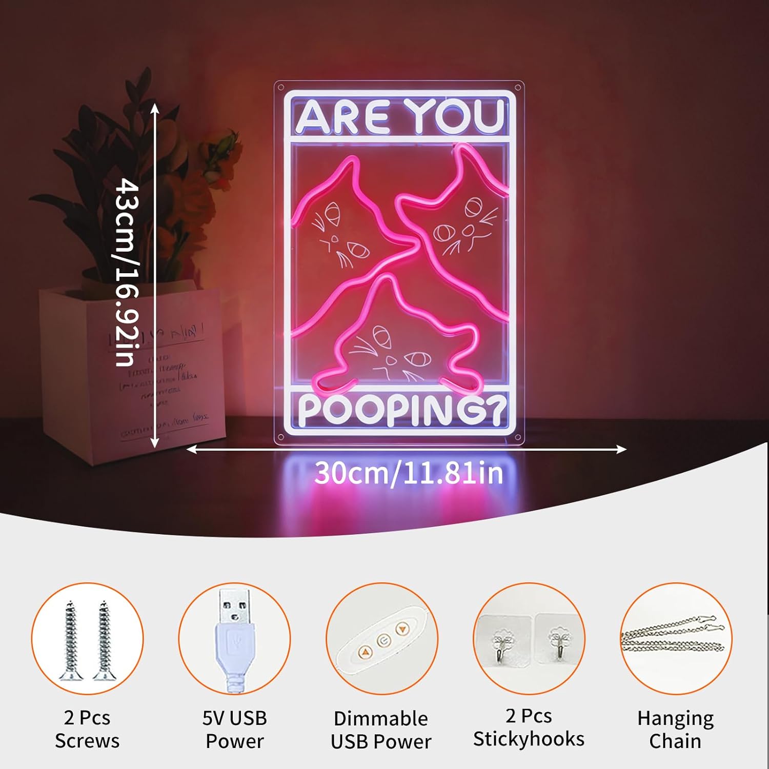 Detalle de Are You Pooping Neon Schild – LED Rosa Katzen-Neonlicht 30×43 cm für Wanddekoration