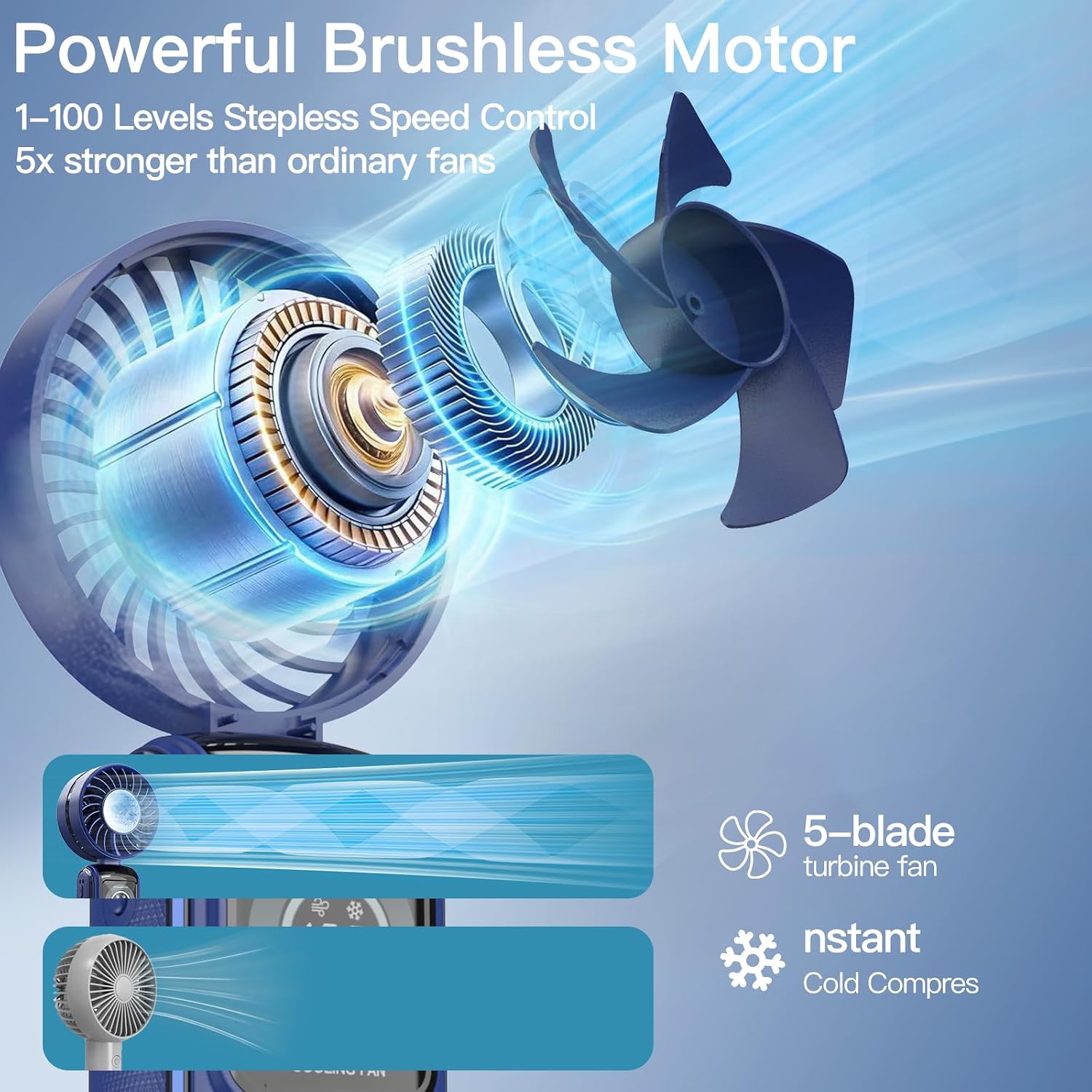 Thumbnail 4 de RaMokey Handheld Fan Rechargeable: 5 Speeds, Ice Cooling, 3-in-1 Portable Mini Fan (Dark Blue)