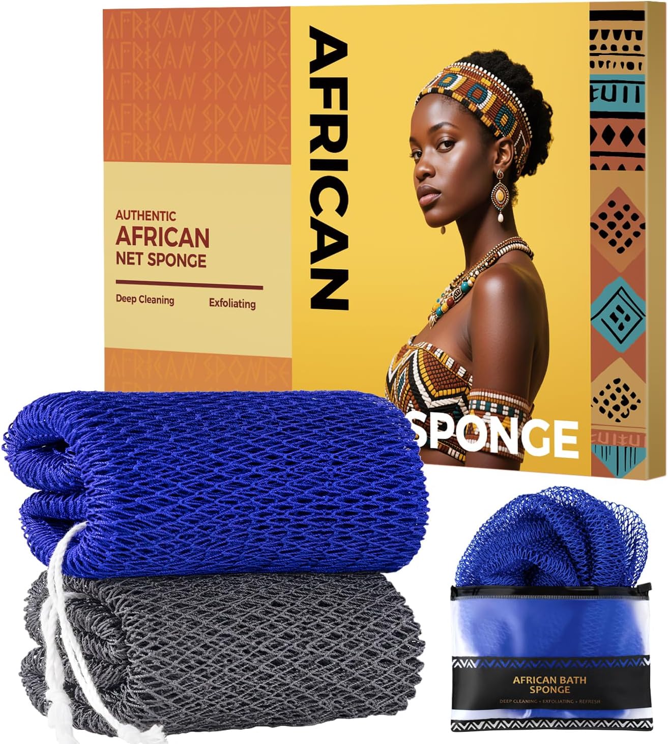 Detalle de African Net Sponge Authentic – 2‑Piece Body Back Scrubber Bath Sponge (Grey & Blue)