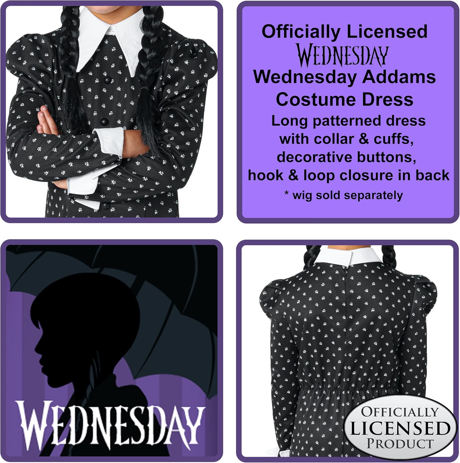 Detalle 2 de Wednesday Addams Costume Dress for Kids (Girls Large 10/12) by Rubies