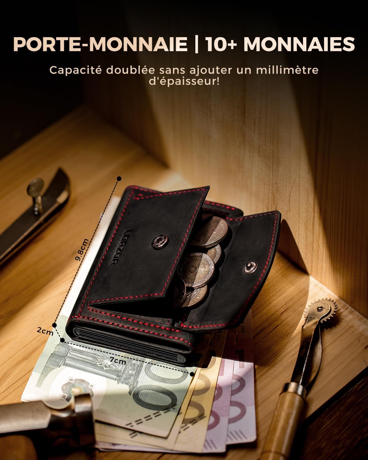 Thumbnail 1 de LORZOR Porte Carte Homme XXL en cuir véritable avec blocage RFID et porte-monnaie