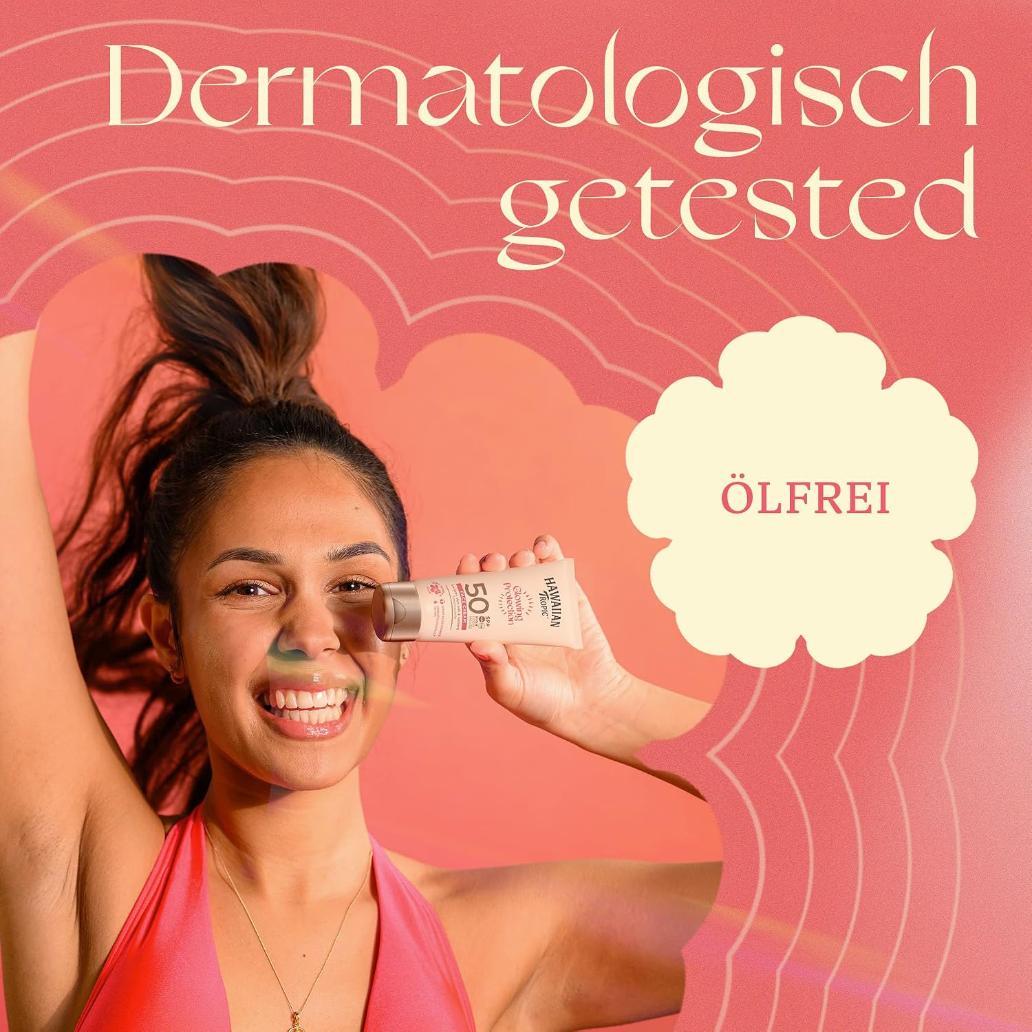Detalle 2 de Hawaiian Tropic Glowing Protection Gesichts-Sonnenlotion – LSF50, wasserfest, mit Sheabutter und tropischem Duft